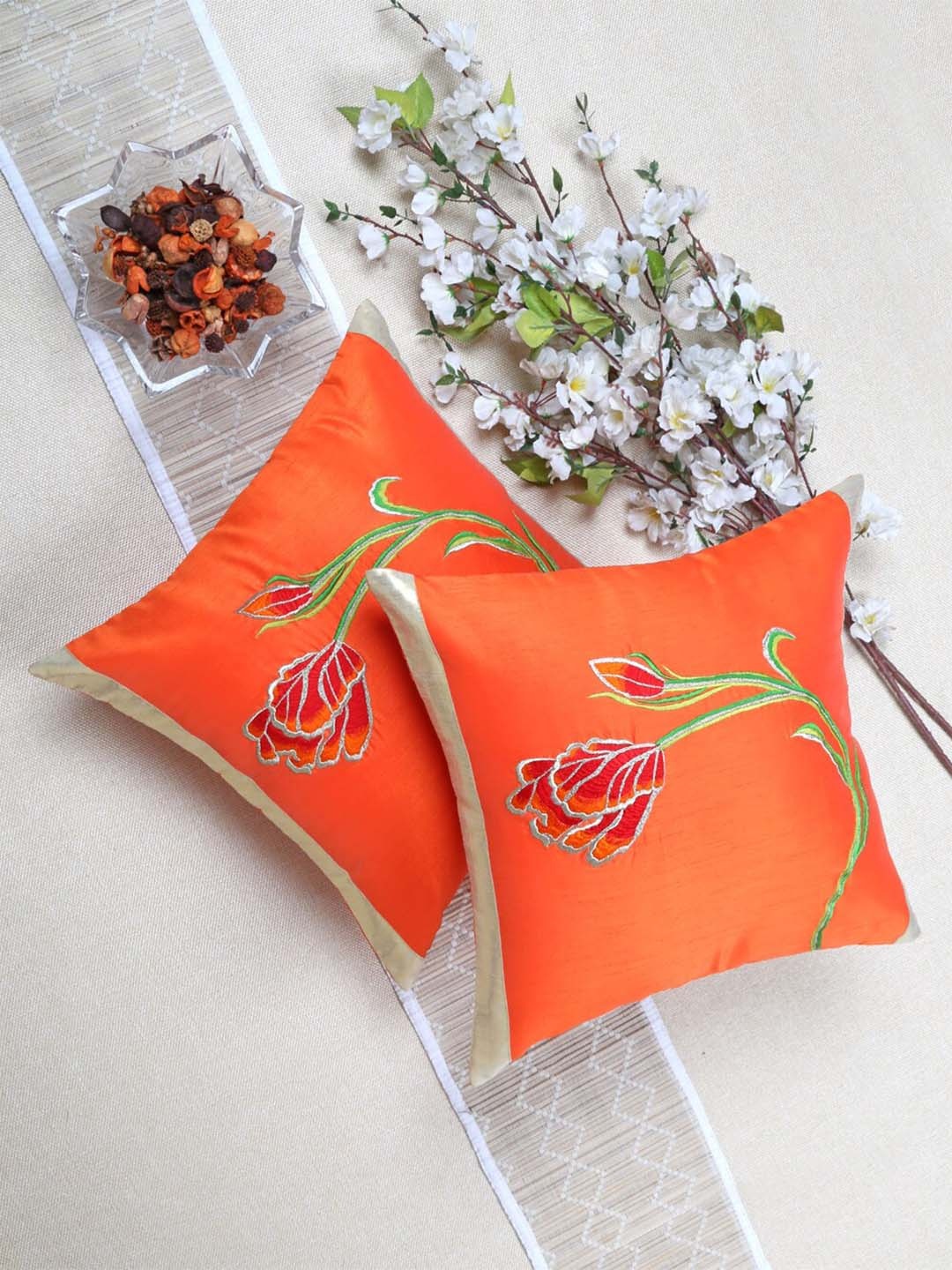 

ANS Orange & Green Set of 2 Floral Square Cushion Covers