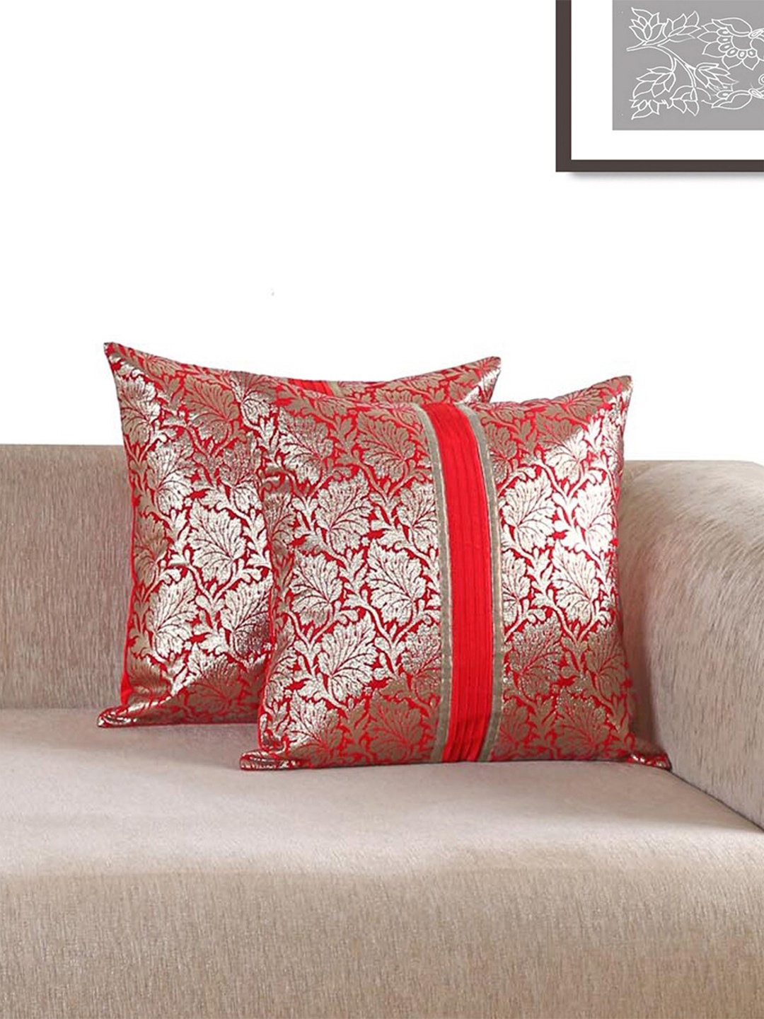 

ANS Red & Gold-Toned Set of 2 Ethnic Motifs Square Cushion Covers