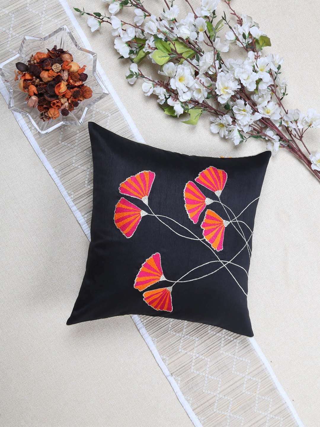 

ANS Floral Embroidered Square Cushion Covers, Black