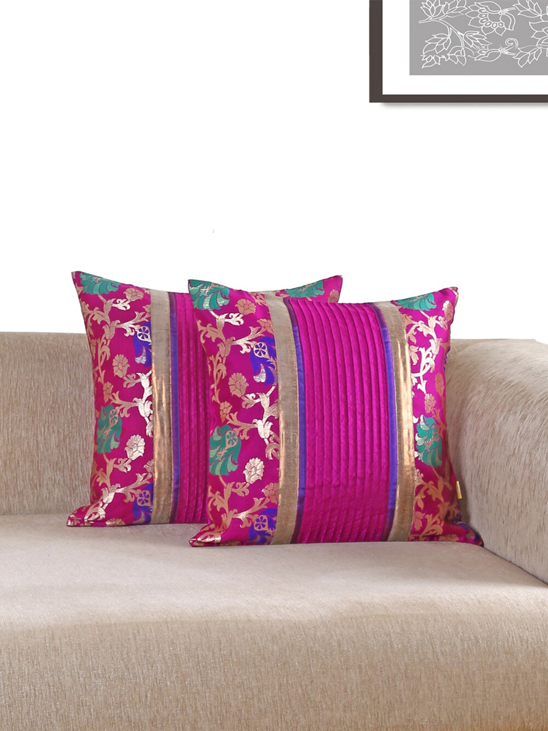 

ANS Magenta & Green Set of 2 Ethnic Motifs Square Cushion Covers