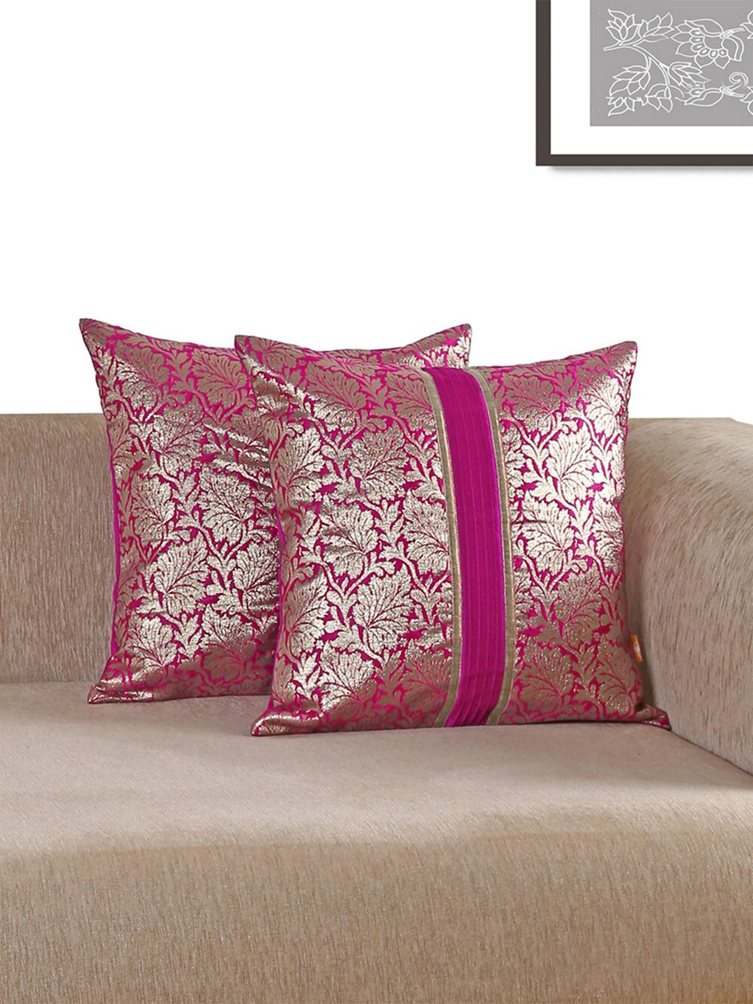 

ANS Pink & Gold-Toned Set of 2 Ethnic Motifs Square Cushion Covers