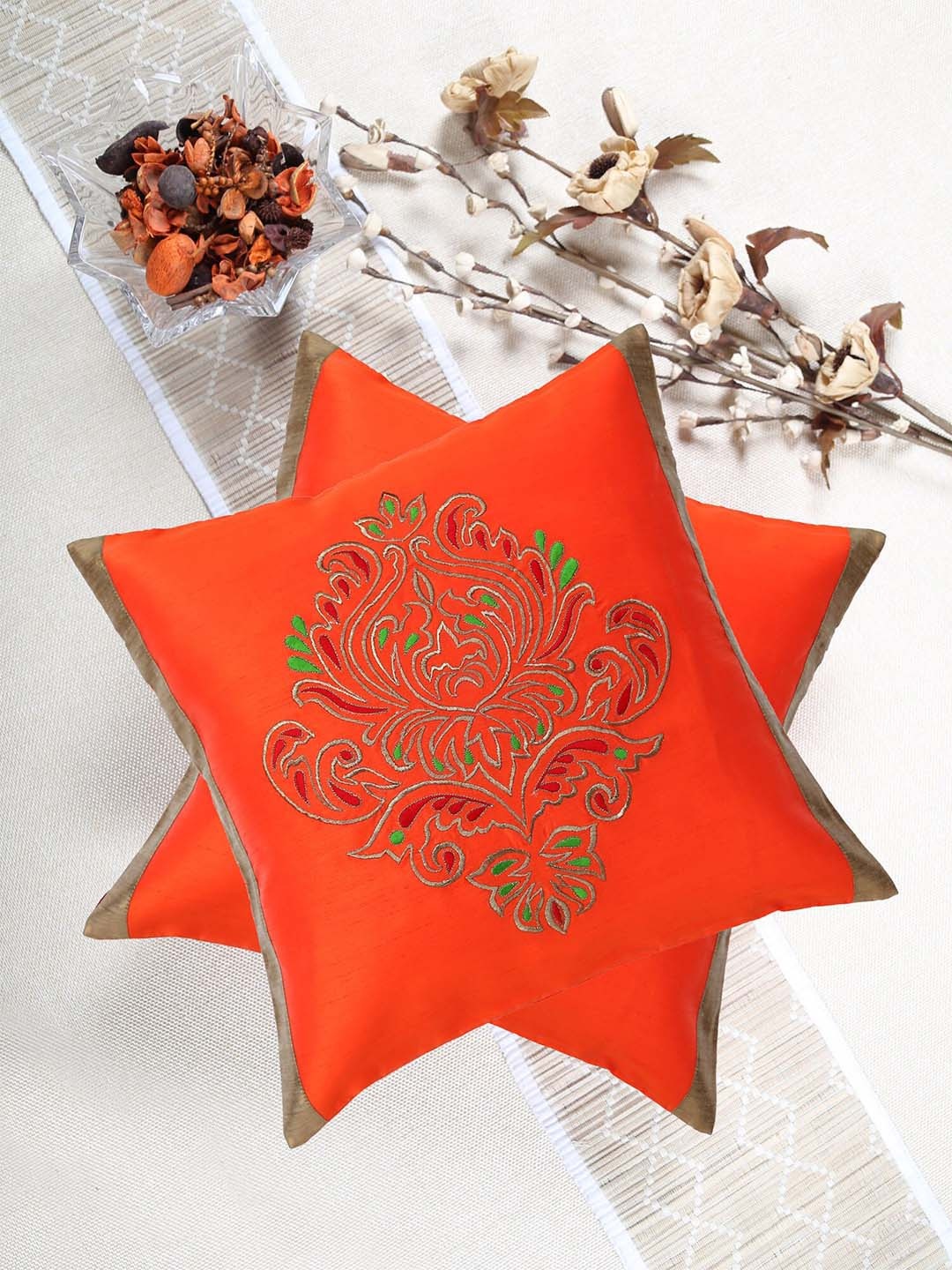 

ANS Orange & Green Set of 2 Ethnic Motifs Square Cushion Covers