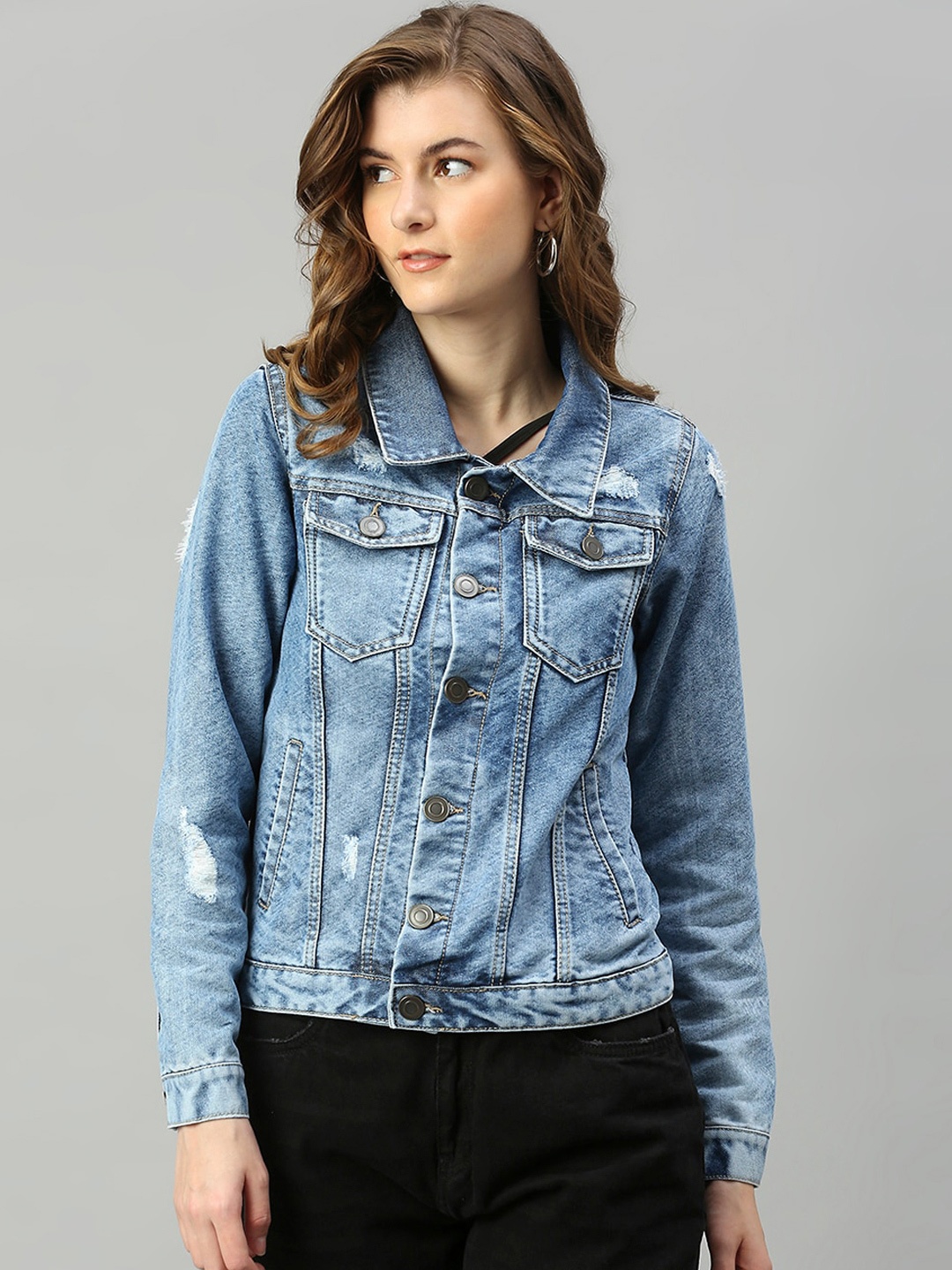 

Hubberholme Women Blue Slim Fit Distressed Lightweight Casual Denim Jacket