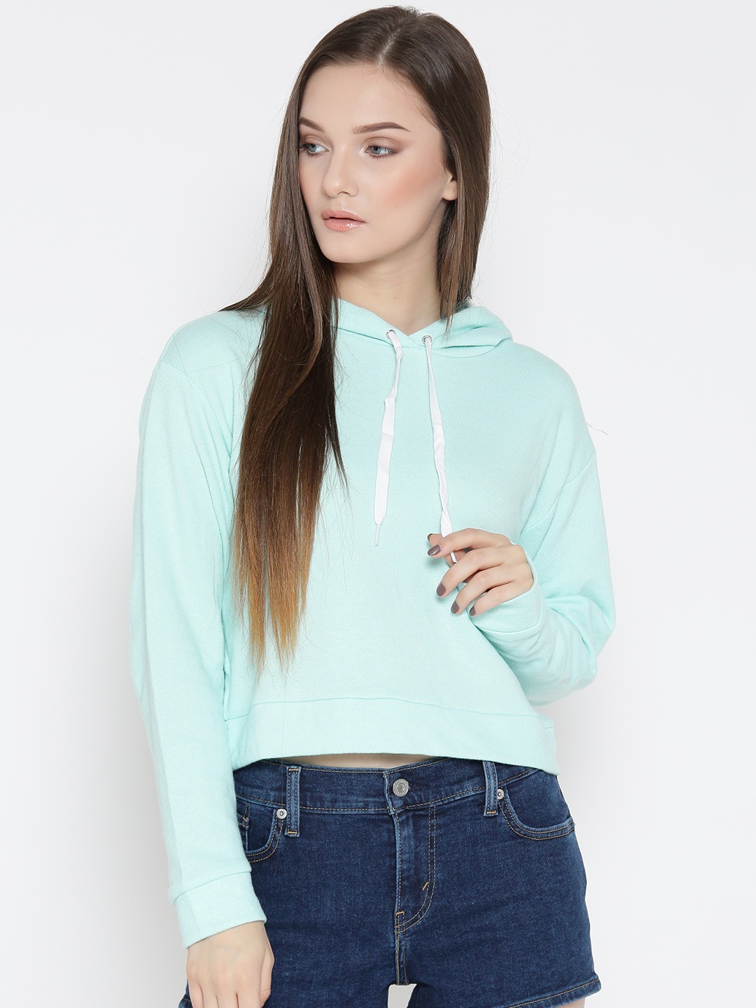 

FOREVER 21 Women Blue Solid Hooded Sweatshirt