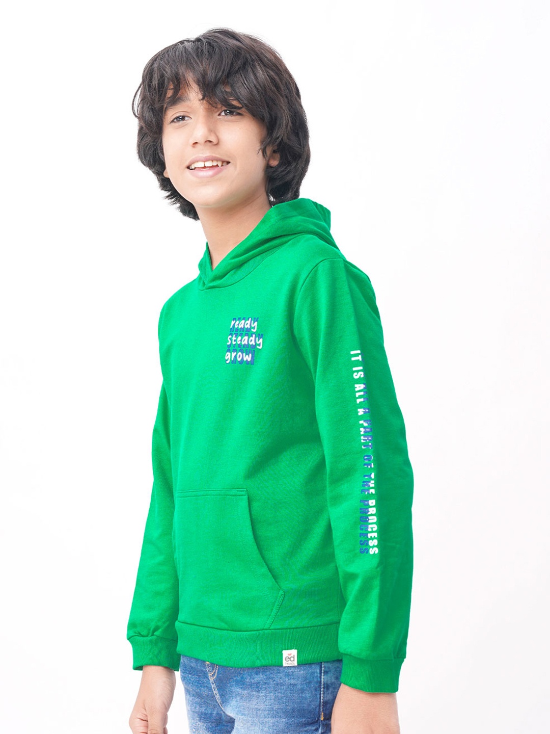 

edheads Boys Green Solid Printed Hooded Cotton Long Sleeves Sweatshirt