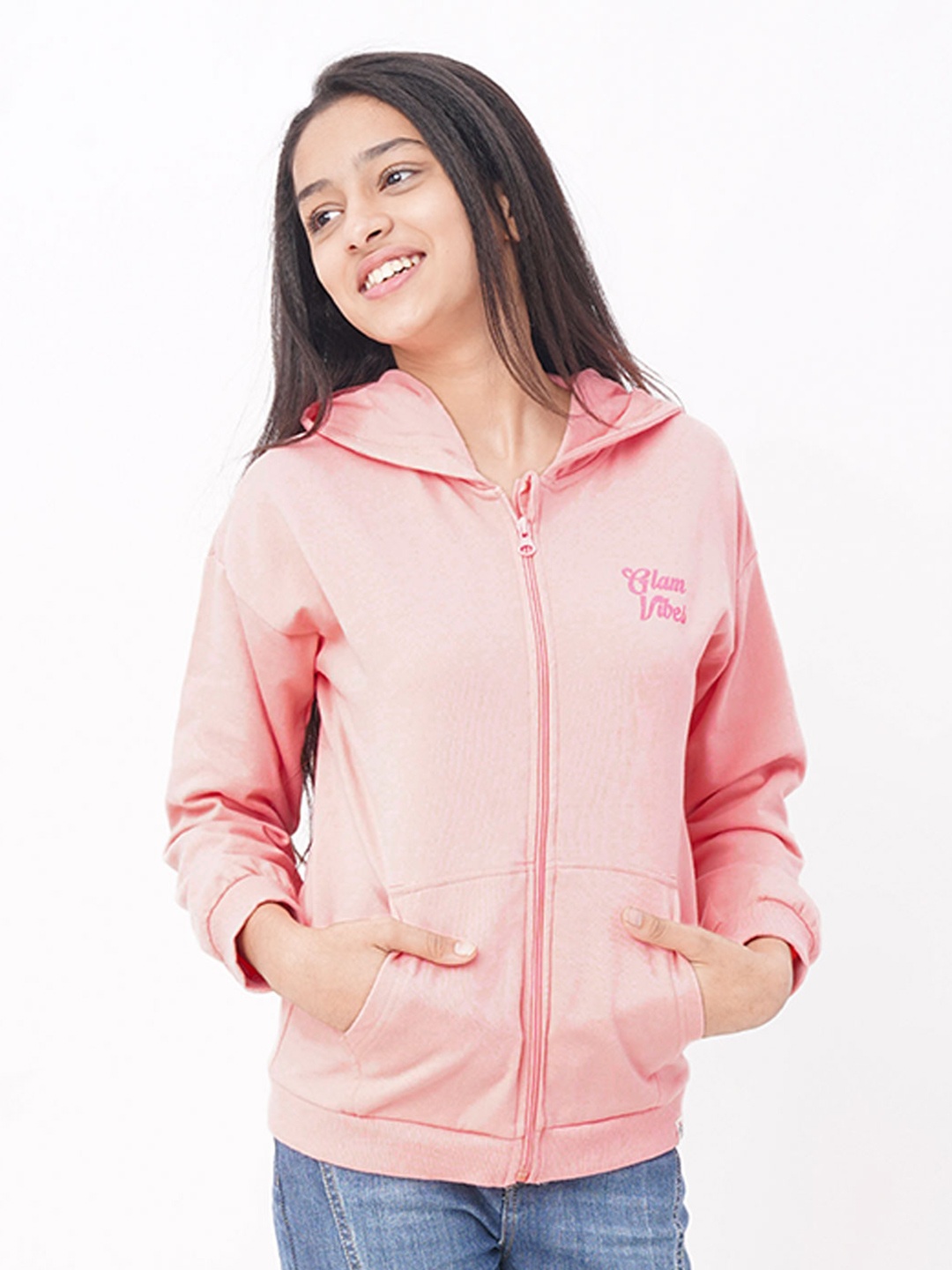 

edheads Girls Pink Printed Cotton Hooded Bomber Jacket