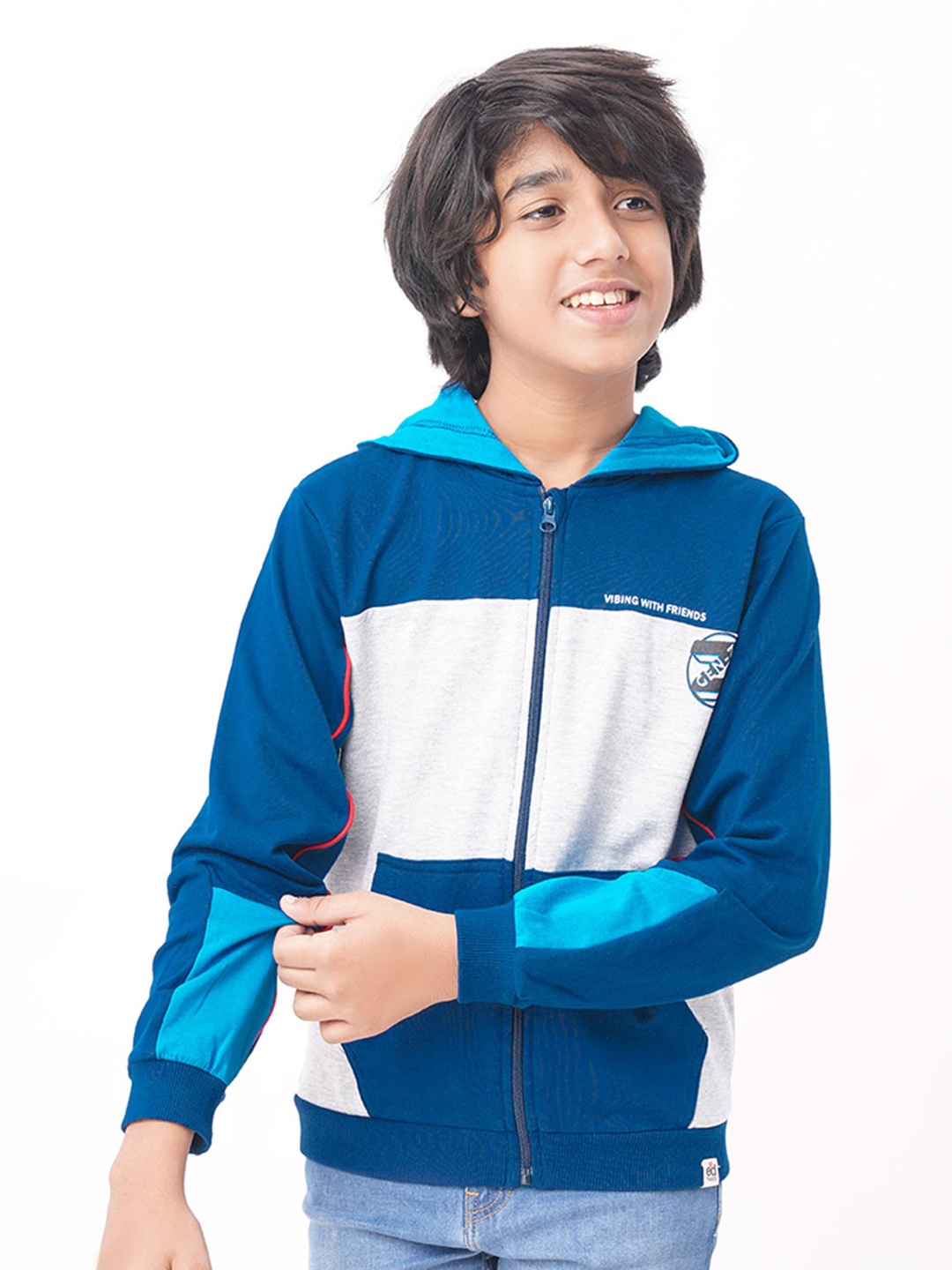 

edheads Boys Blue & Grey Colourblocked Cotton Hooded Bomber Jacket