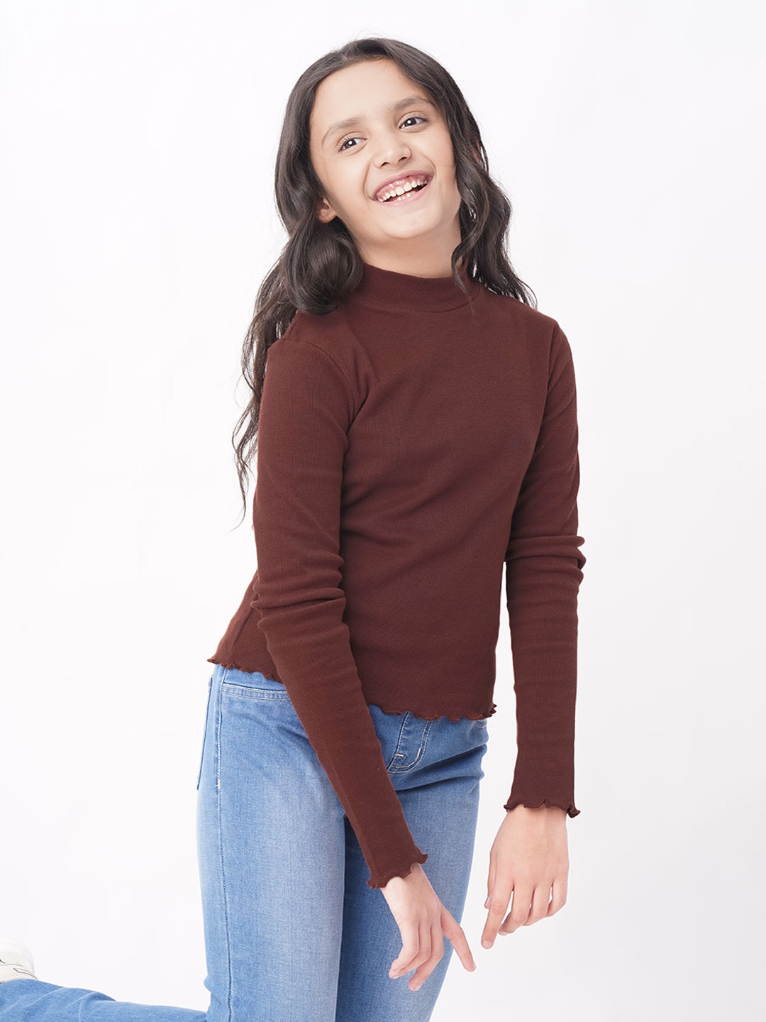 

edheads Brown Solid High Neck Long Sleeve Cotton Top