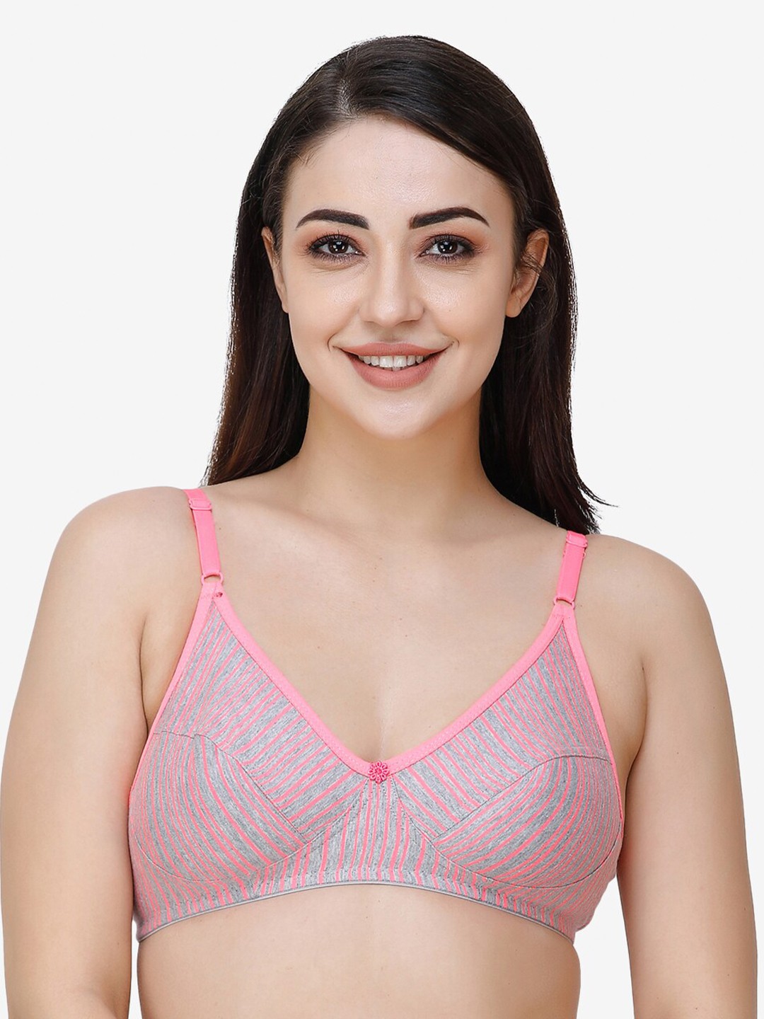 

Docare Women Pink & Grey Striped Cotton Non Padded Seamed Everyday Bra