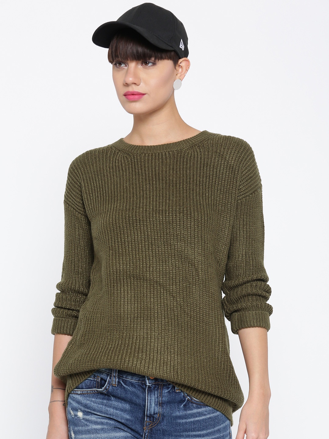 

FOREVER 21 Women Olive Green Solid Sweater