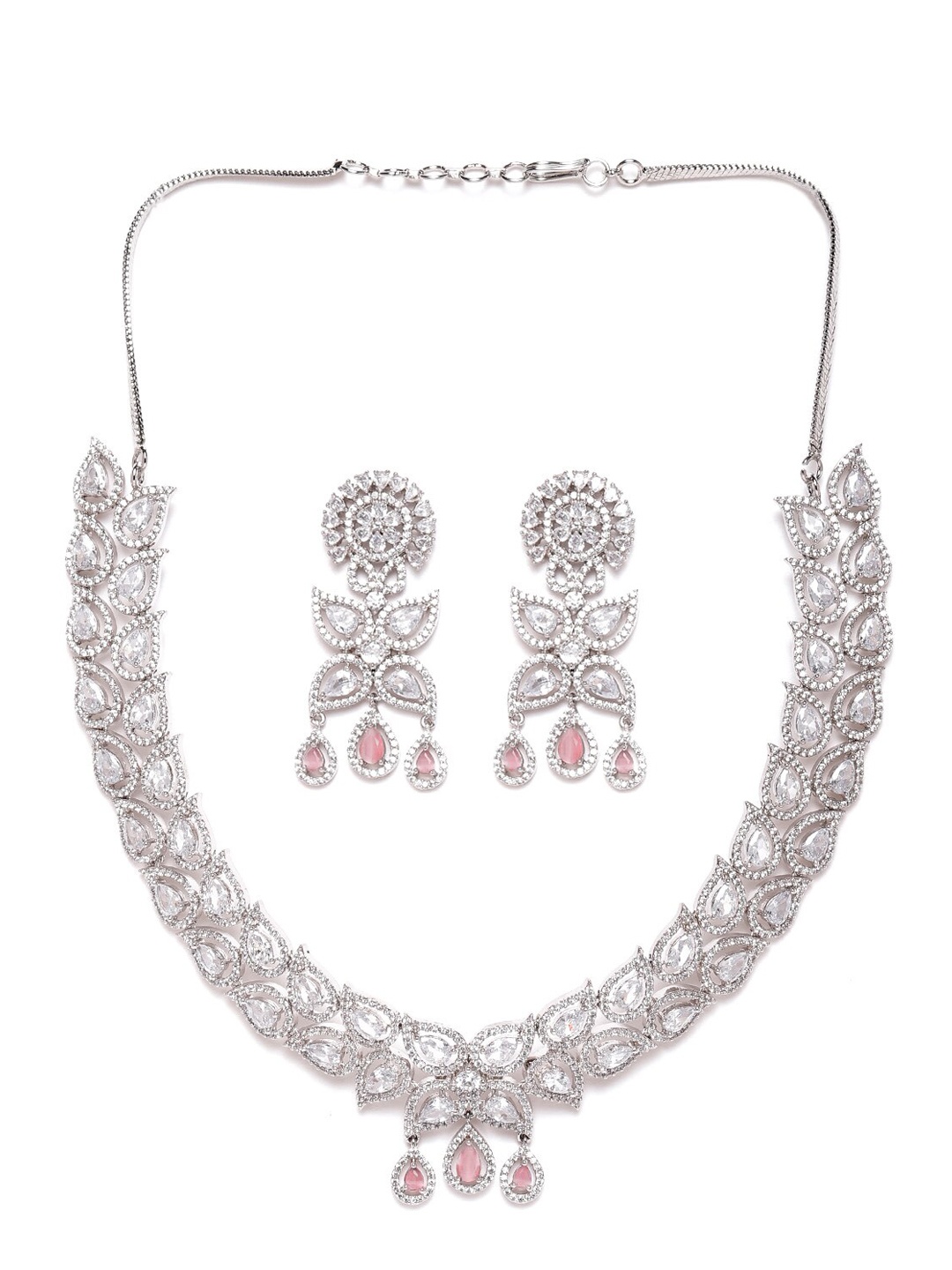 

JEWELS GEHNA Rhodium-Plated & Pink American Diamond Jewellery Set, Silver