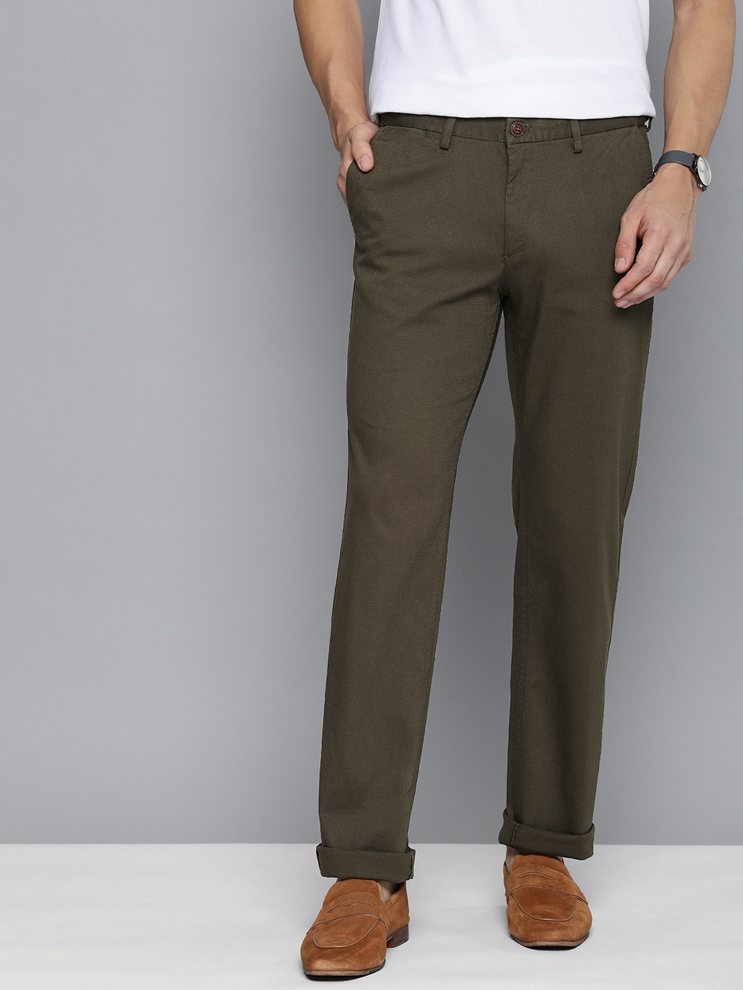 

Indian Terrain Men Textured Kansas Regular Fit Mid Rise Smart Casual Trousers, Olive