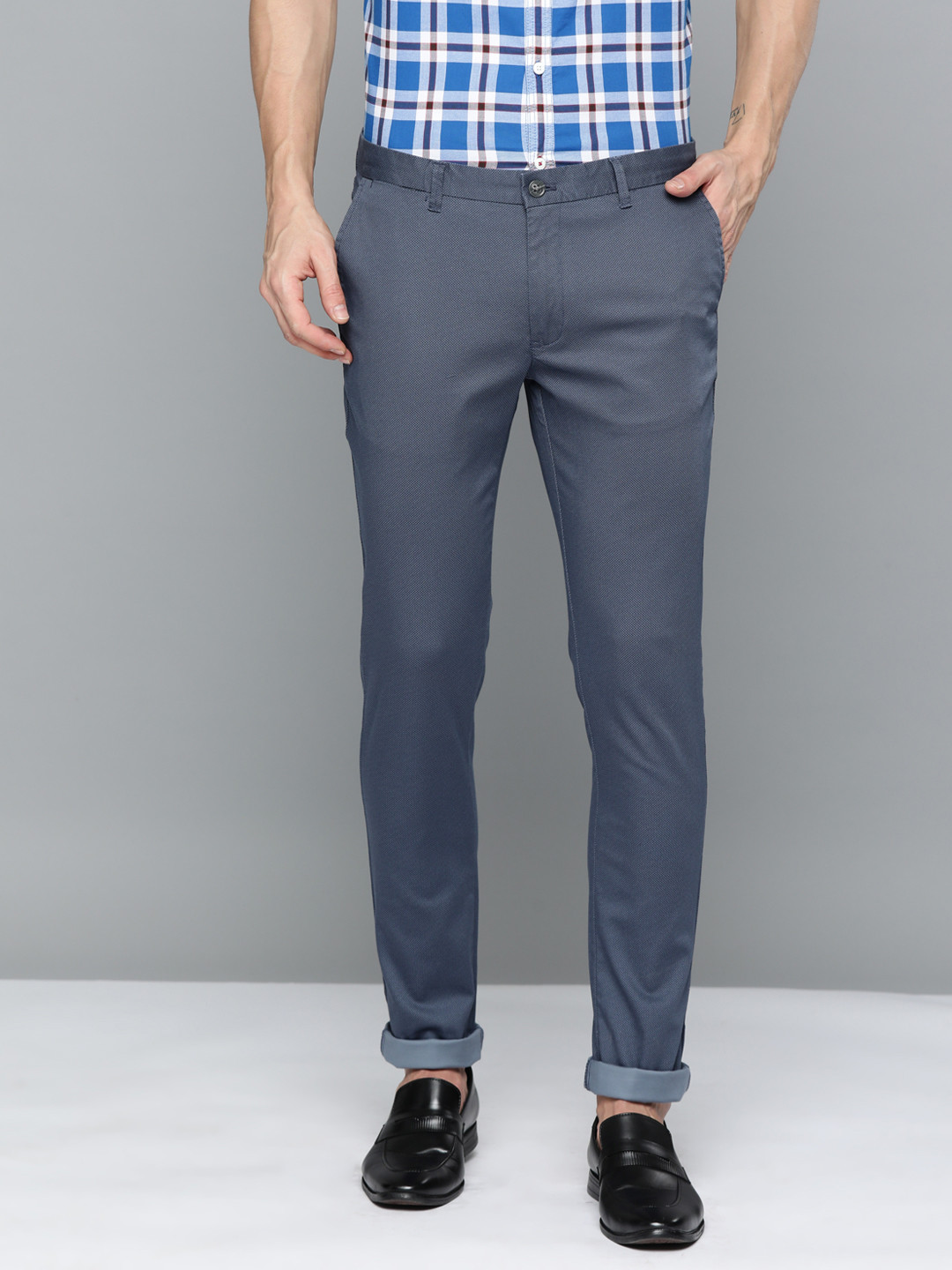 

Indian Terrain Men Textured Kruger Skinny Fit Smart Casual Trousers, Navy blue