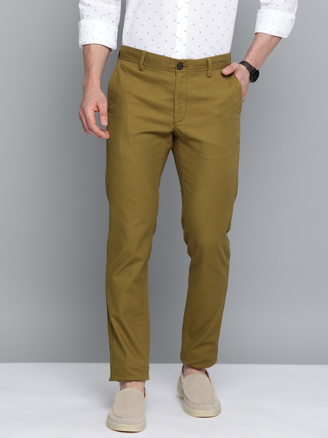 

Indian Terrain Men Textured Brooklyn Slim Fit Formal Trousers, Mustard