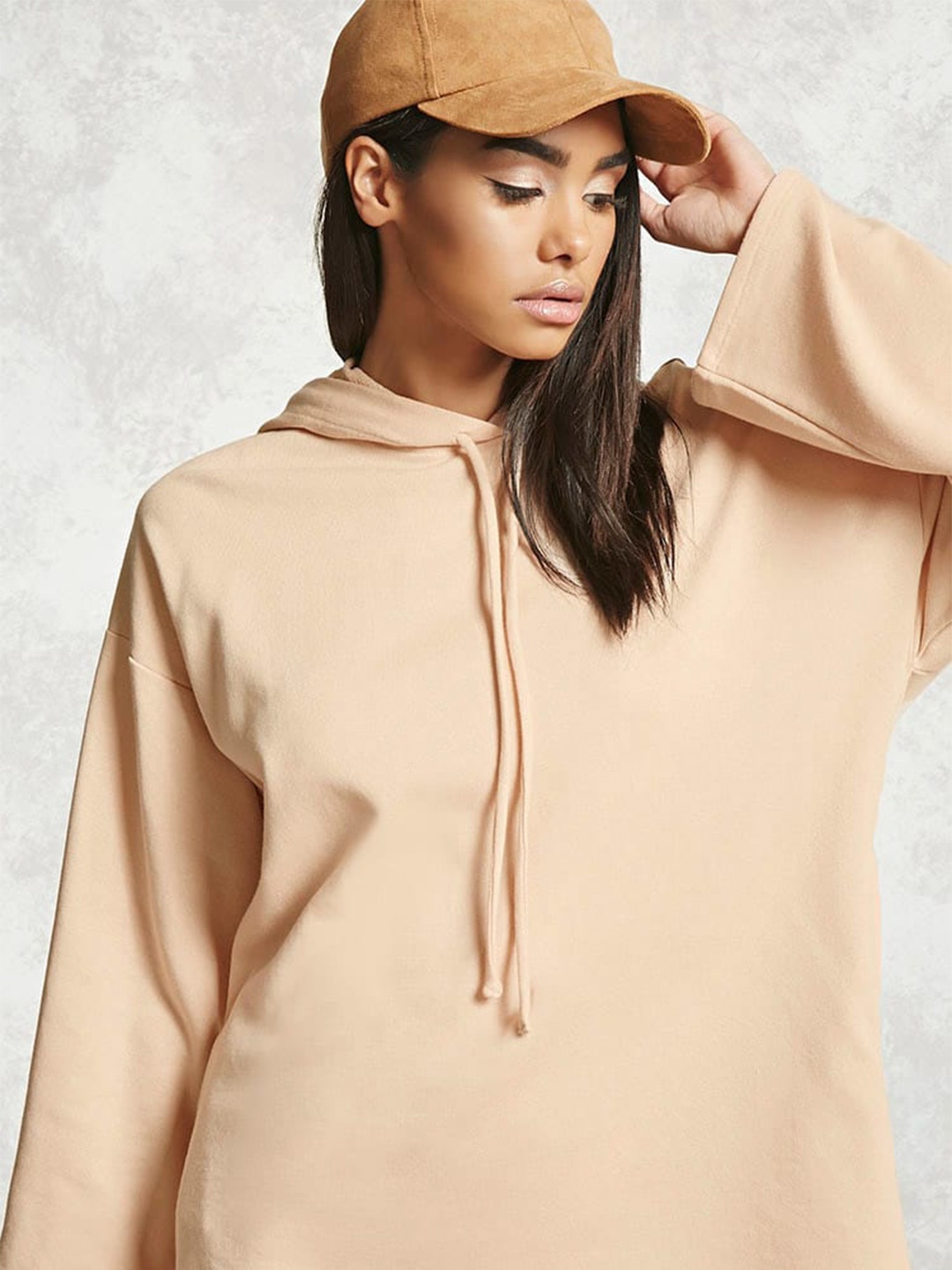 

FOREVER 21 Women Beige Solid Hooded Sweatshirt