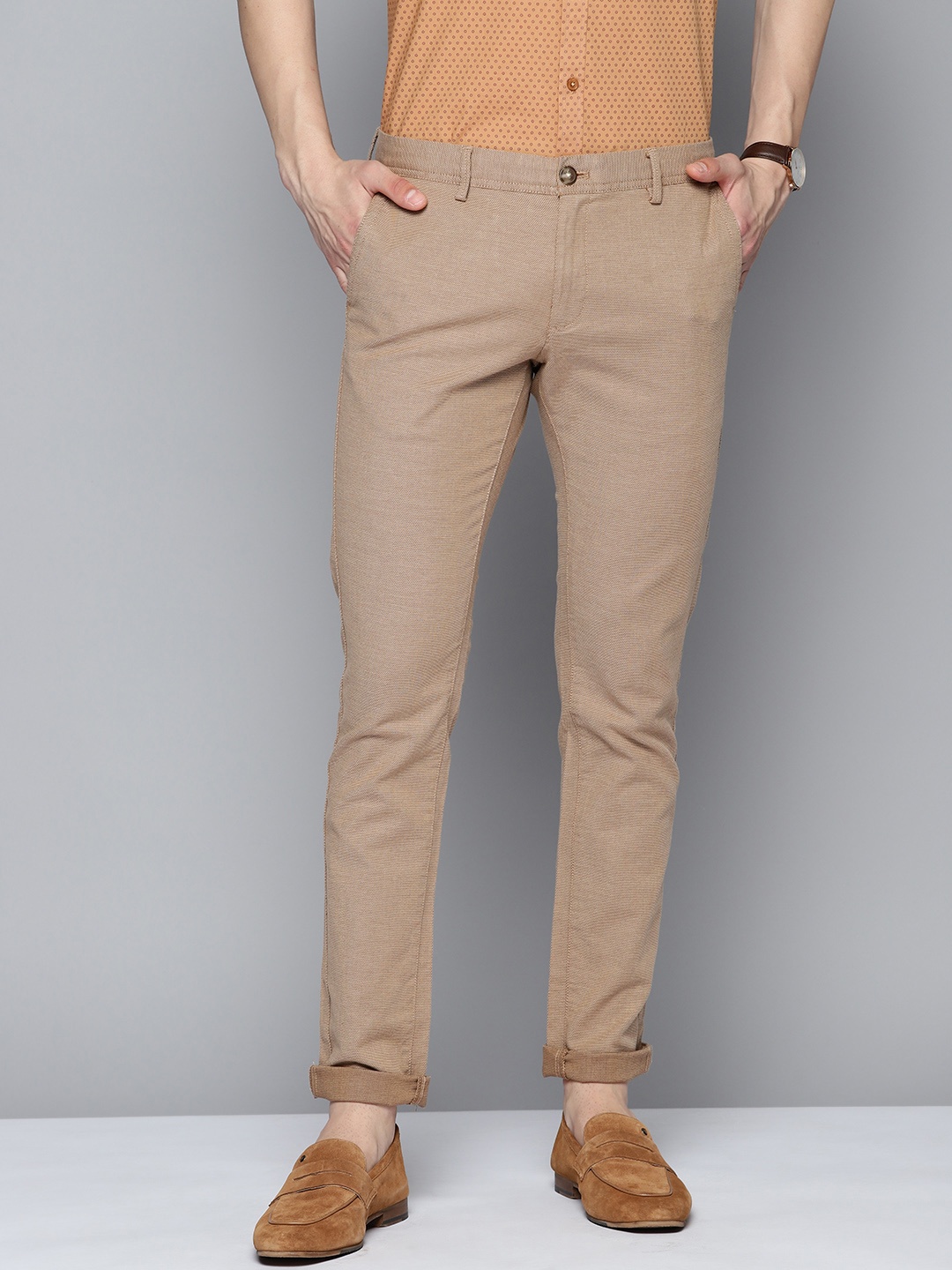 

Indian Terrain Men Textured Brooklyn Slim Fit Formal Trousers, Beige