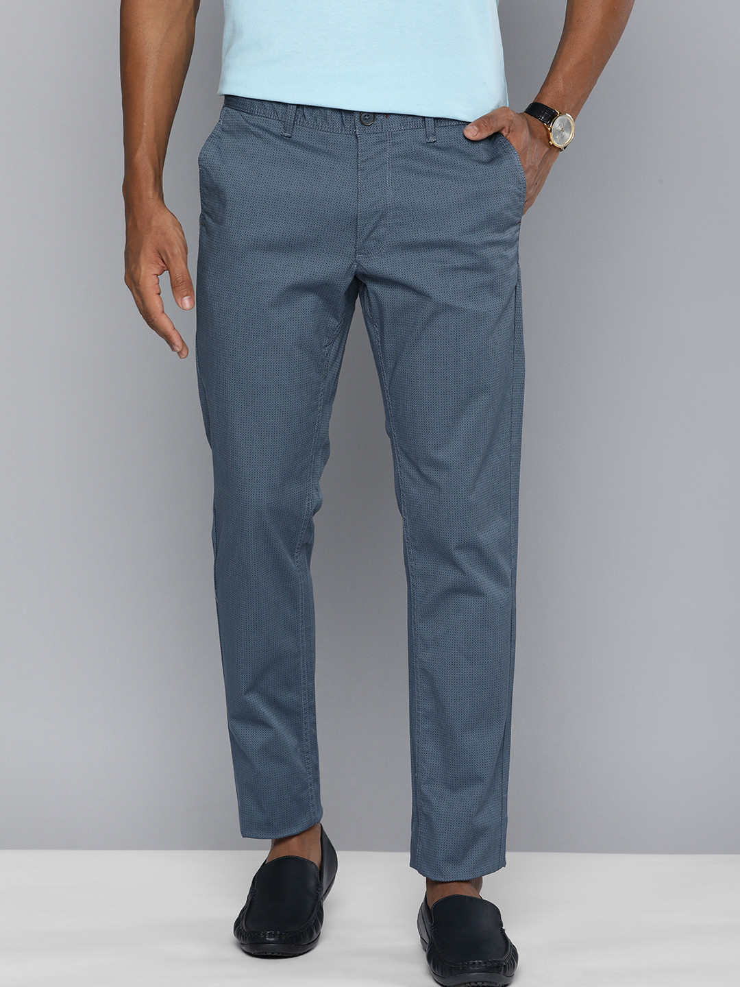 

Indian Terrain Men Printed Brooklyn Slim Fit Smart Casual Trousers, Blue