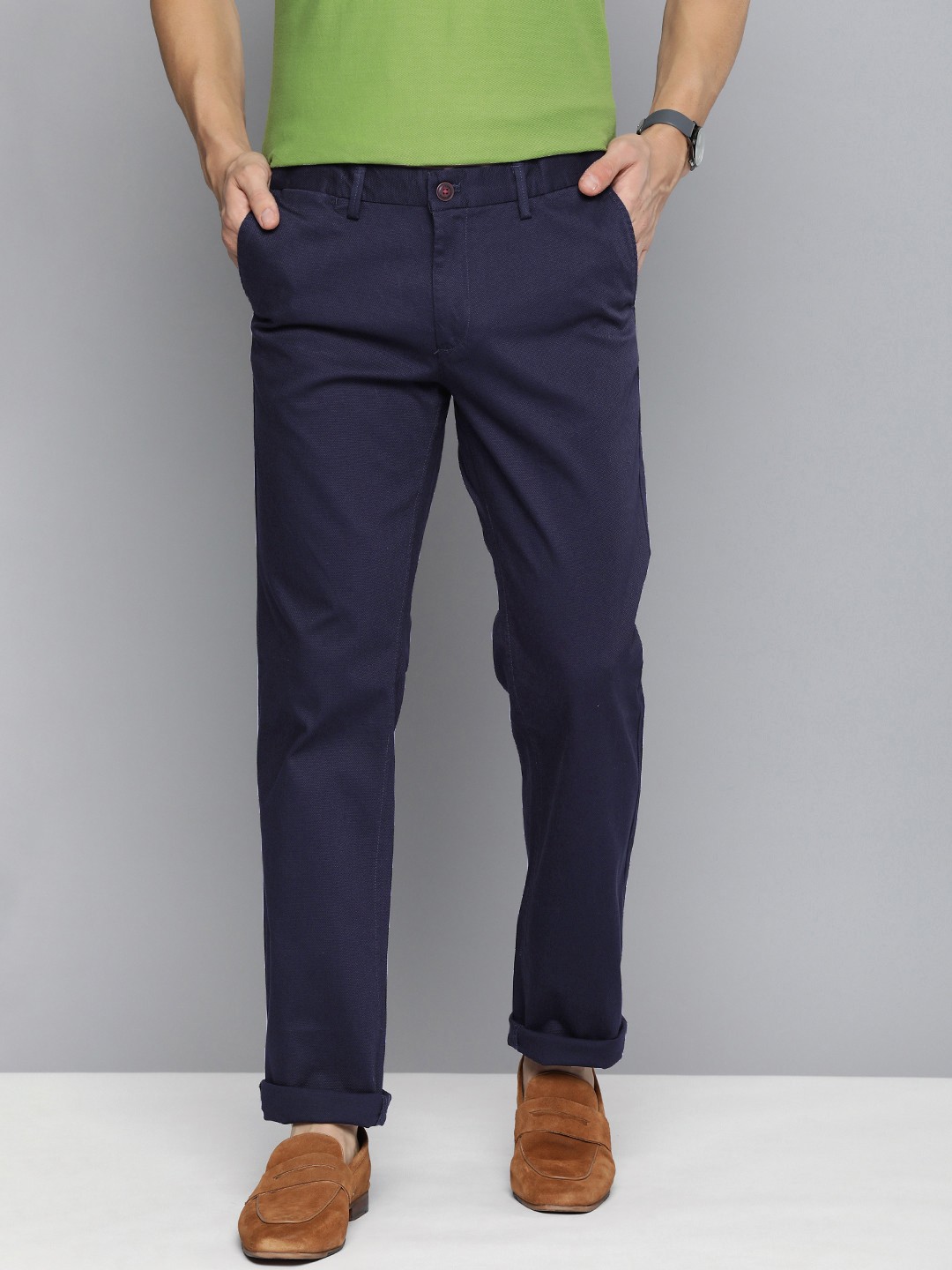 

Indian Terrain Men Textured Brooklyn Slim Fit Trousers, Blue