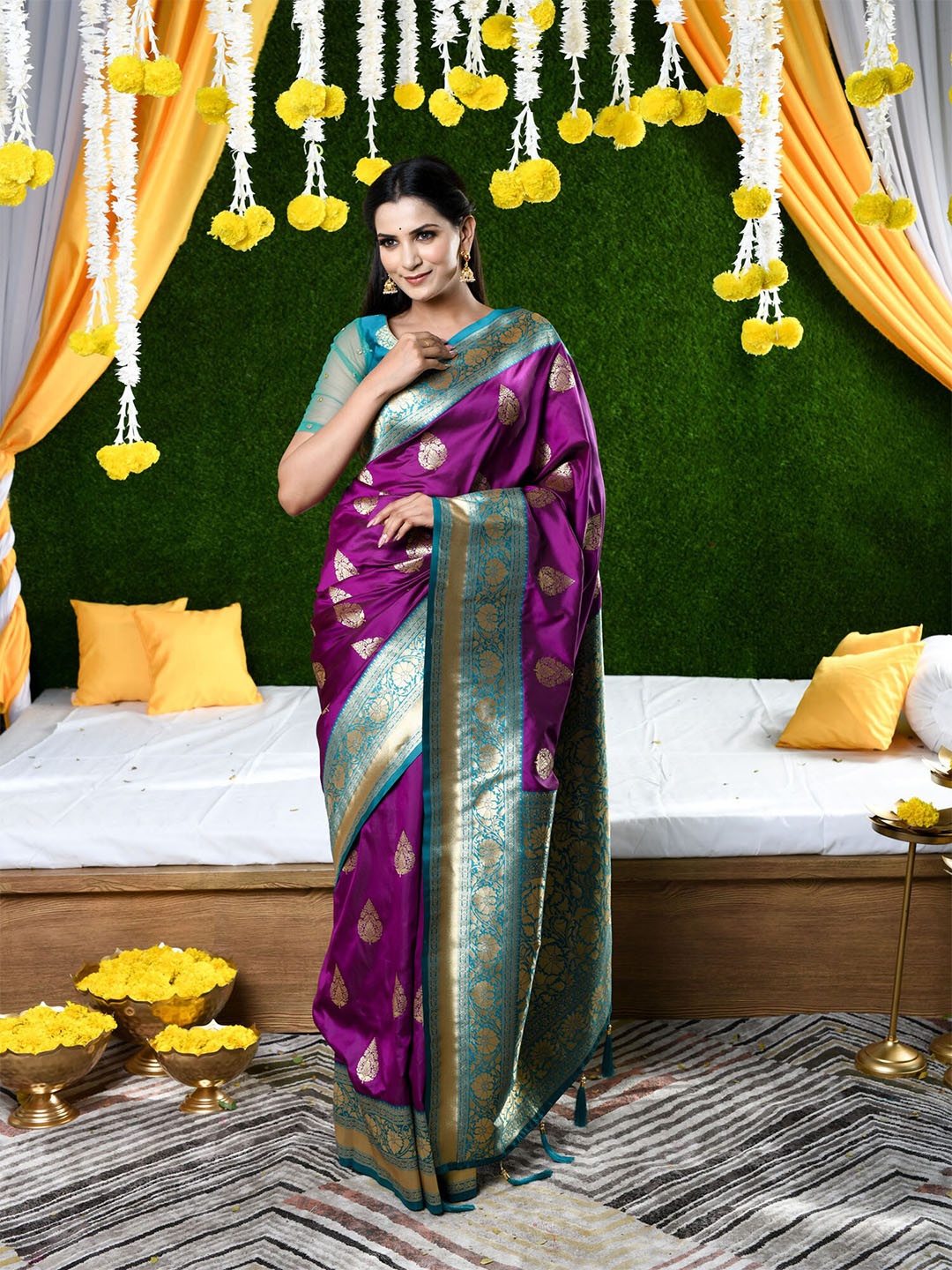 

BEATITUDE Purple & Turquoise Blue Ethnic Motifs Zari Pure Silk Banarasi Saree