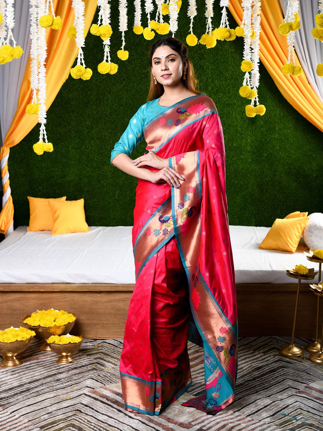

BEATITUDE Pink & Blue Woven Design Zari Pure Silk Paithani Saree