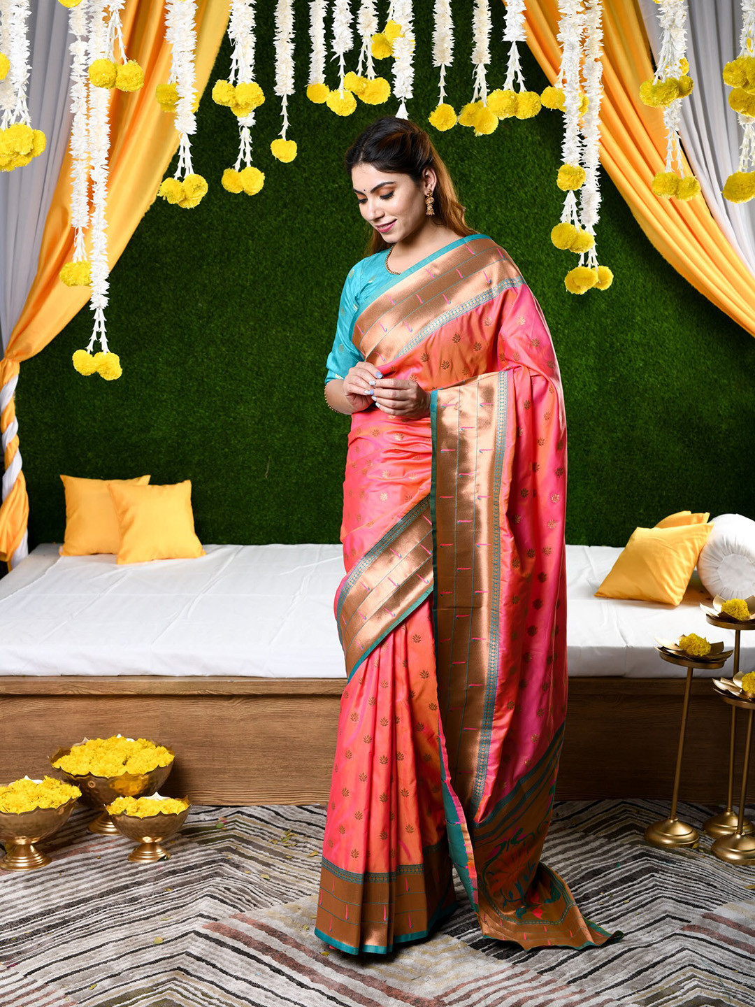 

BEATITUDE Peach & Green Woven Design Zari Pure Silk Paithani Saree