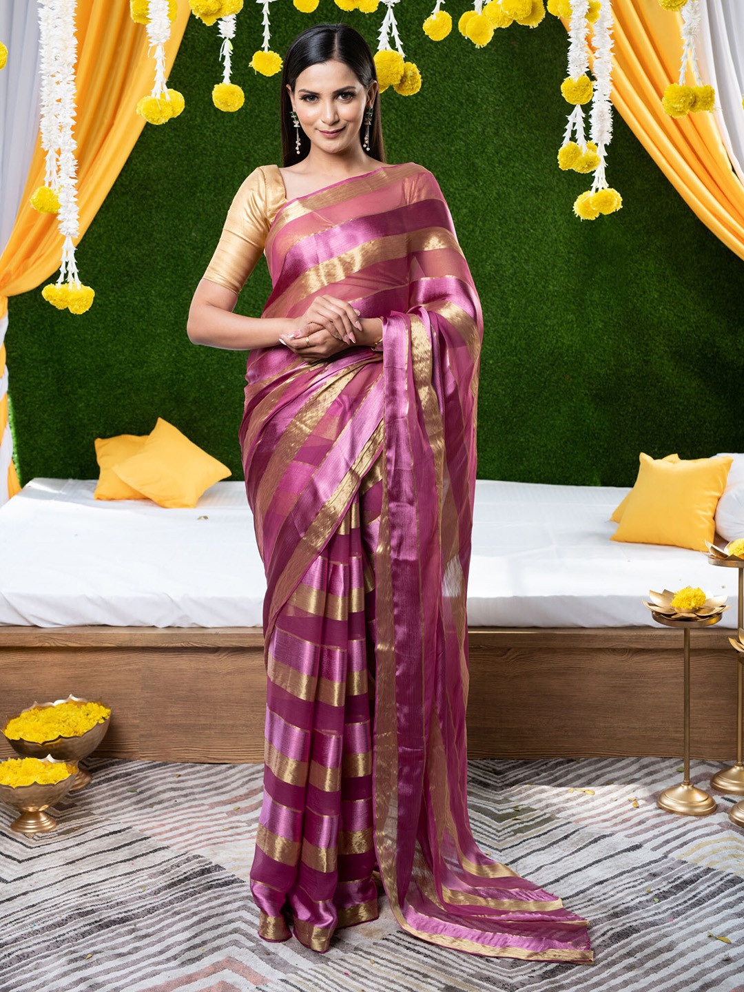 

BEATITUDE Violet & Gold-Toned Striped Zari Chiffon Saree