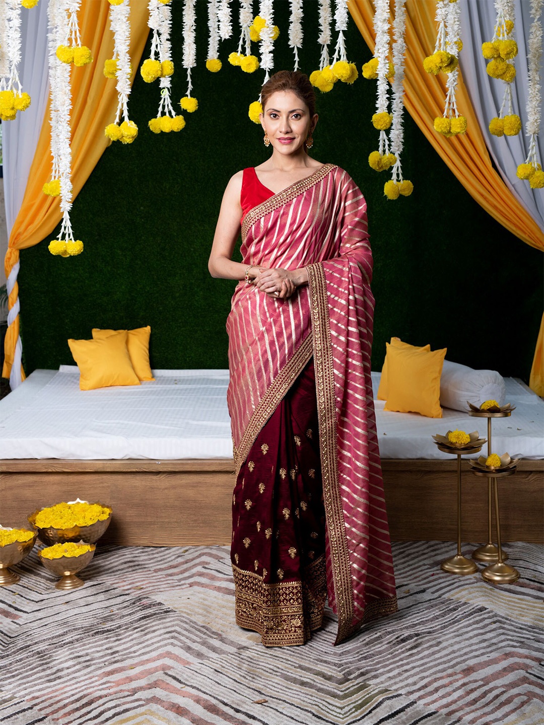 

BEATITUDE Pink & Maroon Leheriya Embroidered Silk Blend Saree