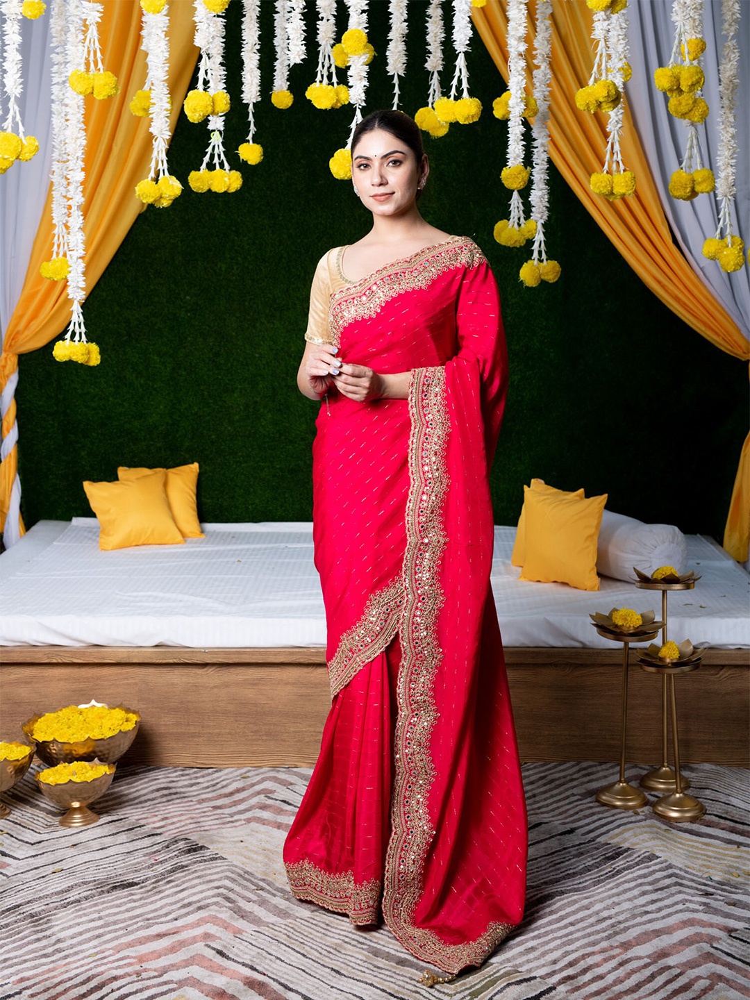 

BEATITUDE Pink & Gold-Toned Striped Sequinned Silk Blend Saree