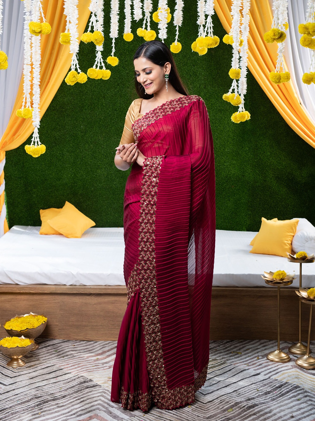 

BEATITUDE Maroon Crushed Embellished Silk Blend Saree