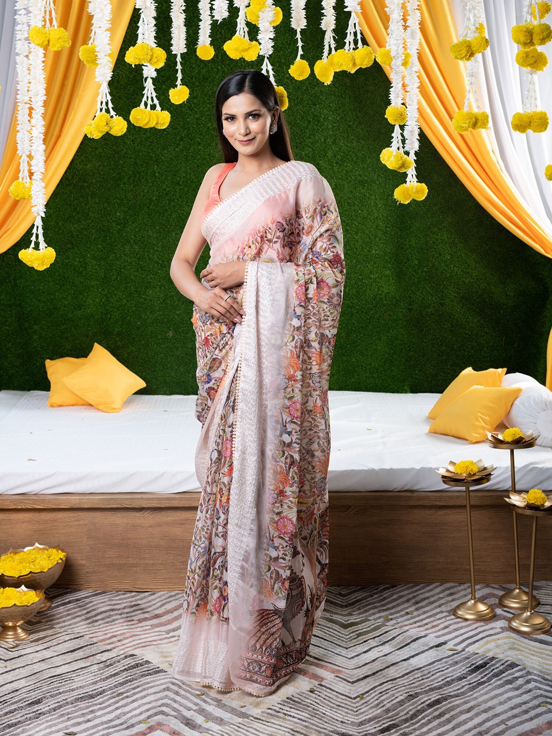 

BEATITUDE Peach-Coloured & Yellow Floral Silk Blend Saree