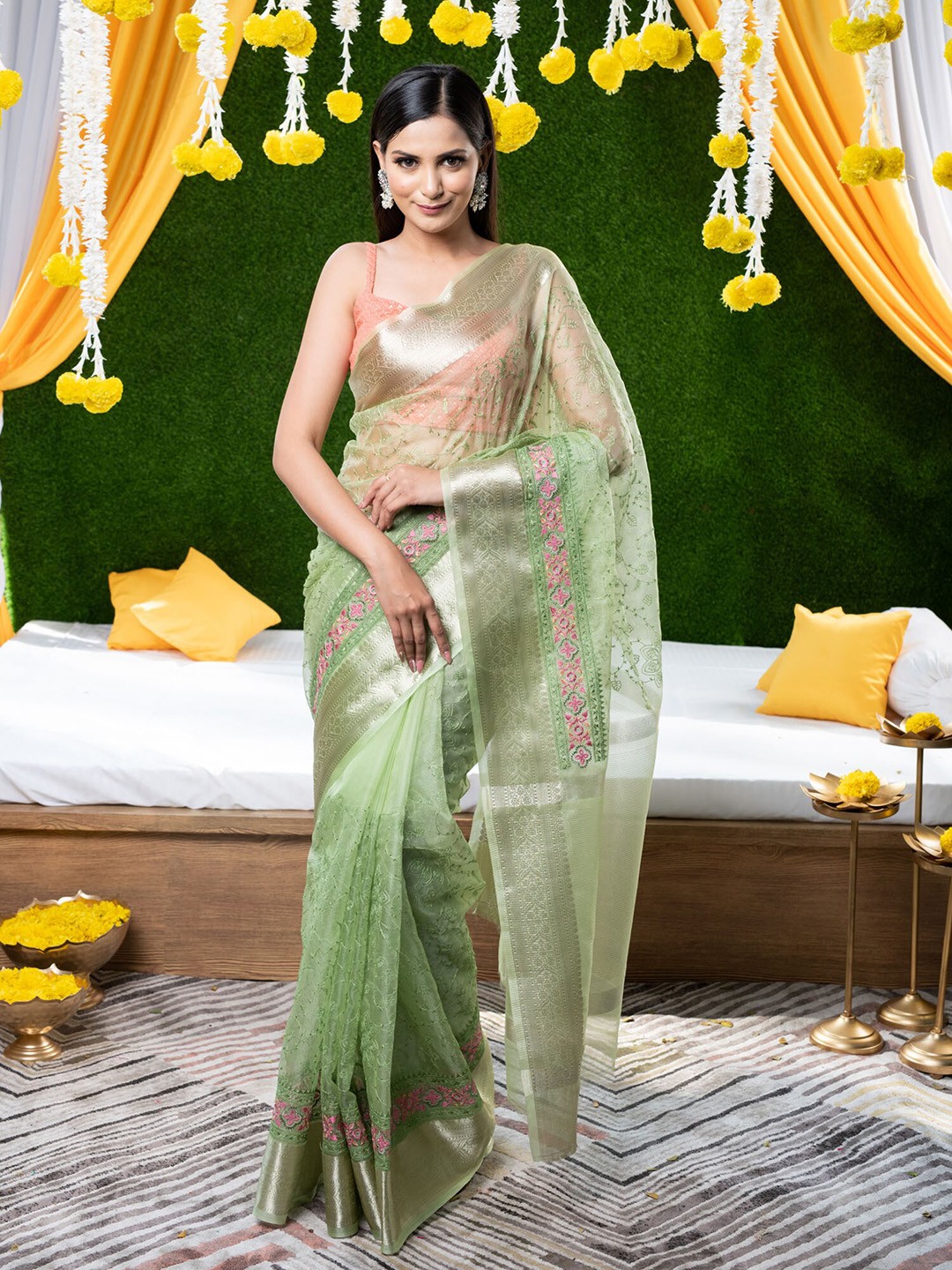 

BEATITUDE Green & Pink Floral Zari Organza Saree