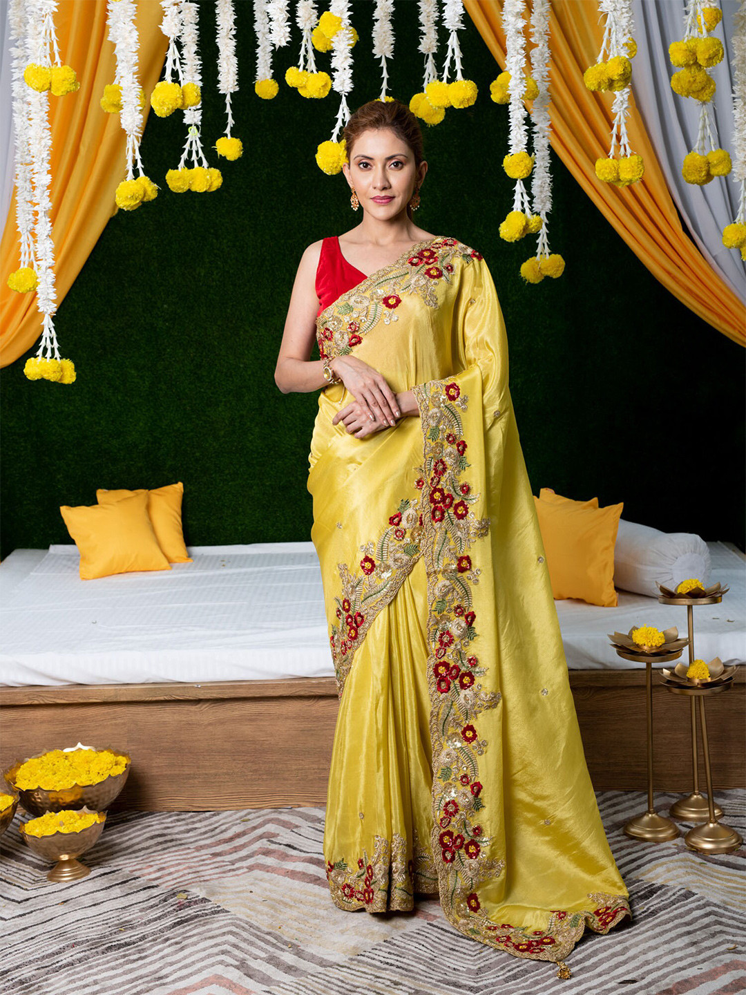 

BEATITUDE Yellow & Red Embroidered Silk Blend Saree