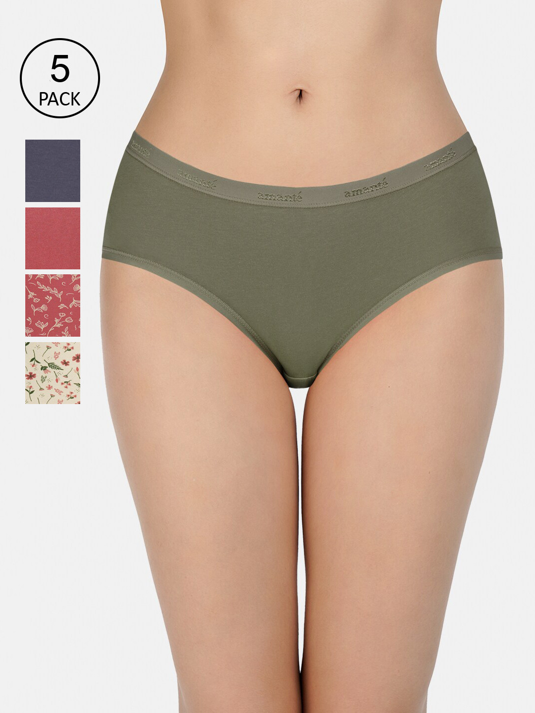 

Amante Women Assorted Pack Of 5 Low-Rise Hipster Briefs, Olive