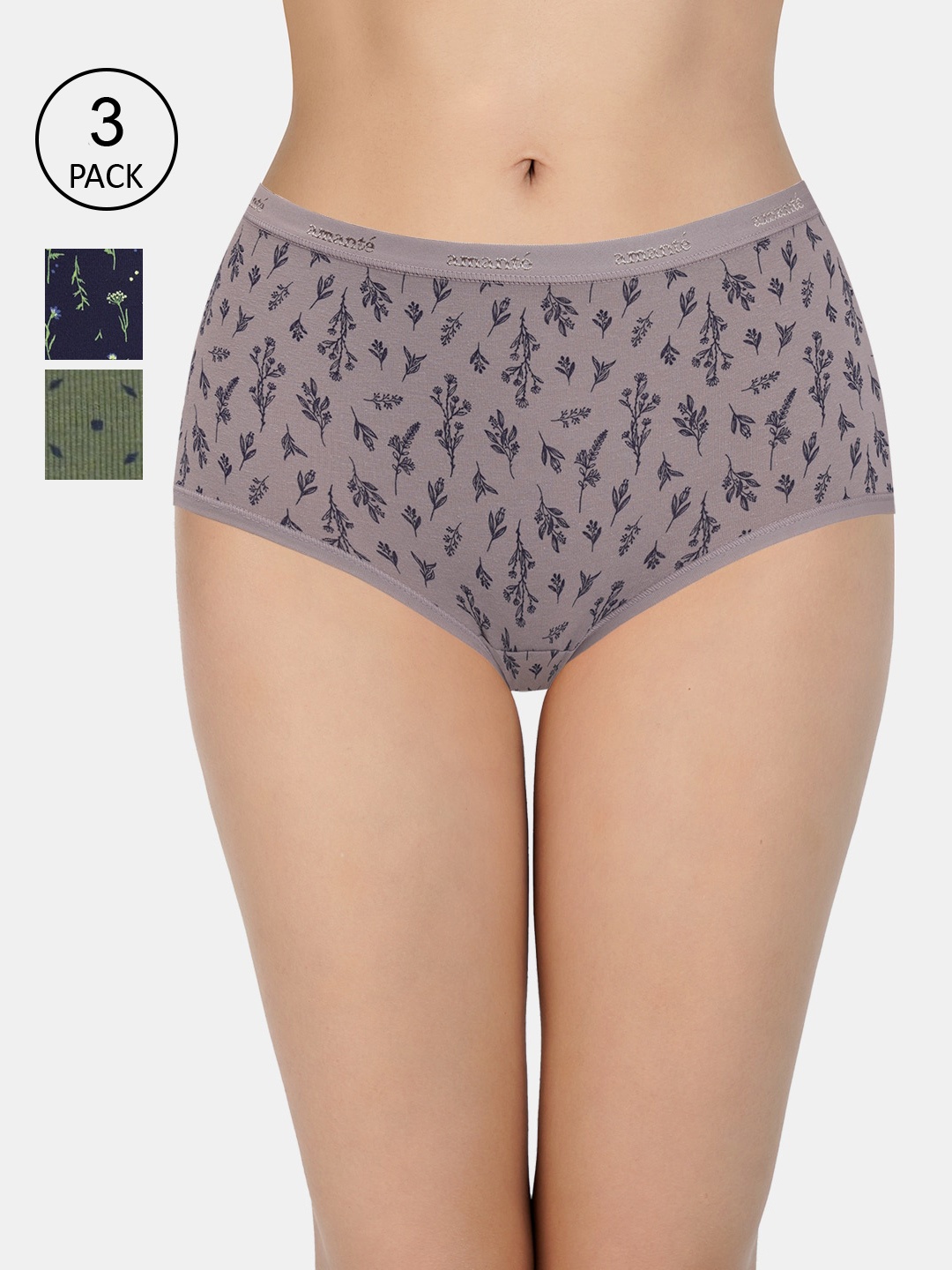 

Amante Women Pack Of 3 Printed High-Rise High Waist Basic Briefs, Olive