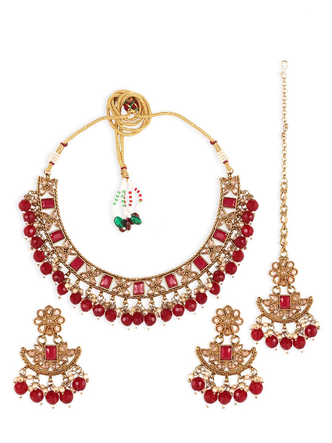 

JEWELS GEHNA Gold-Plated Maroon AD-Studded & Beaded Jewellery Set