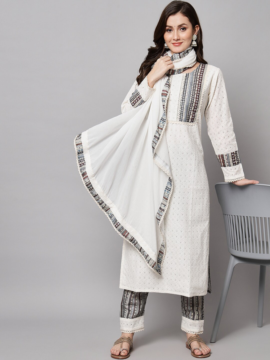 

Silai Bunai Women Off White Sequinned Pure Cotton Kurta with Trousers & With Dupatta
