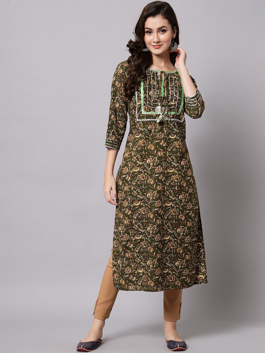 

Silai Bunai Floral Printed Straight Cotton Kurta, Olive