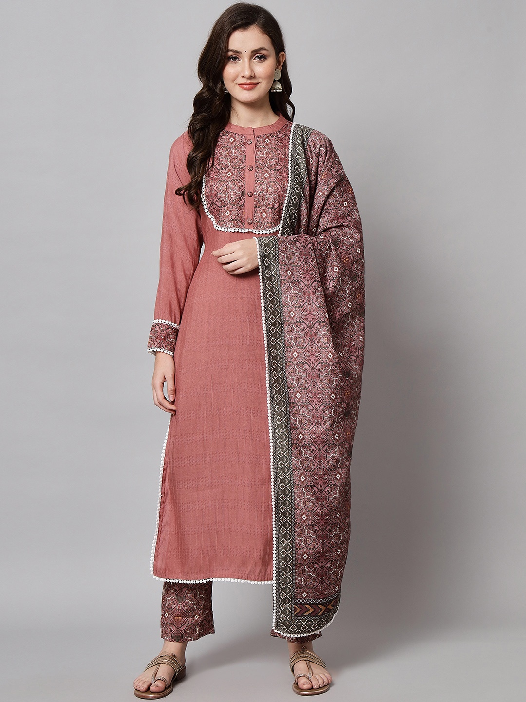 

Silai Bunai Women Rust Ethnic Motifs Patchwork Kurta with Trousers & With Dupatta