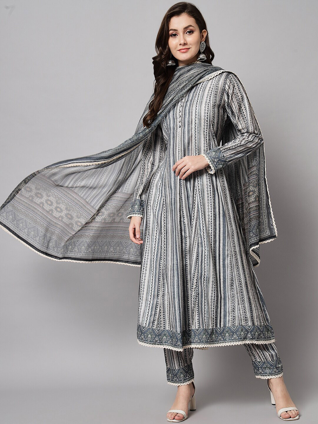 

Silai Bunai Women Teal Printed Panelled Kurta with Trousers & With Dupatta