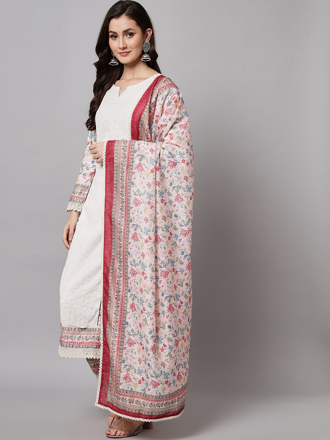 

Silai Bunai Women Pink Floral Printed Panelled Sequinned Pure Cotton Kurta with Trousers & With Dupatta