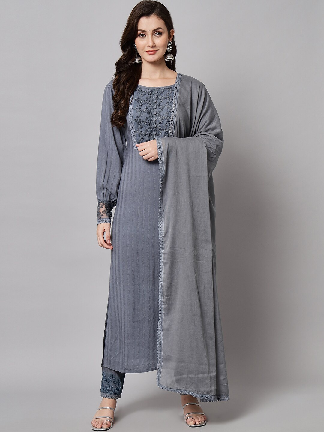 

Silai Bunai Women Grey Sequinned Kurta with Trousers & With Dupatta