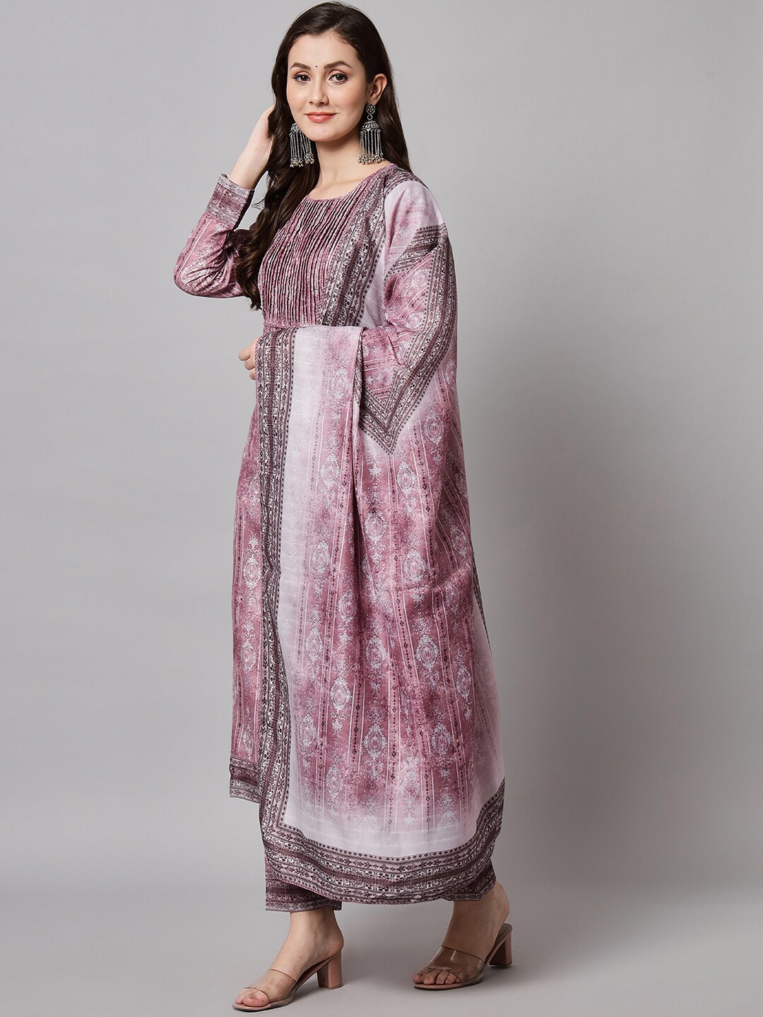 

Silai Bunai Women Magenta Ethnic Motifs Printed Sequinned Kurta with Trousers & With Dupatta