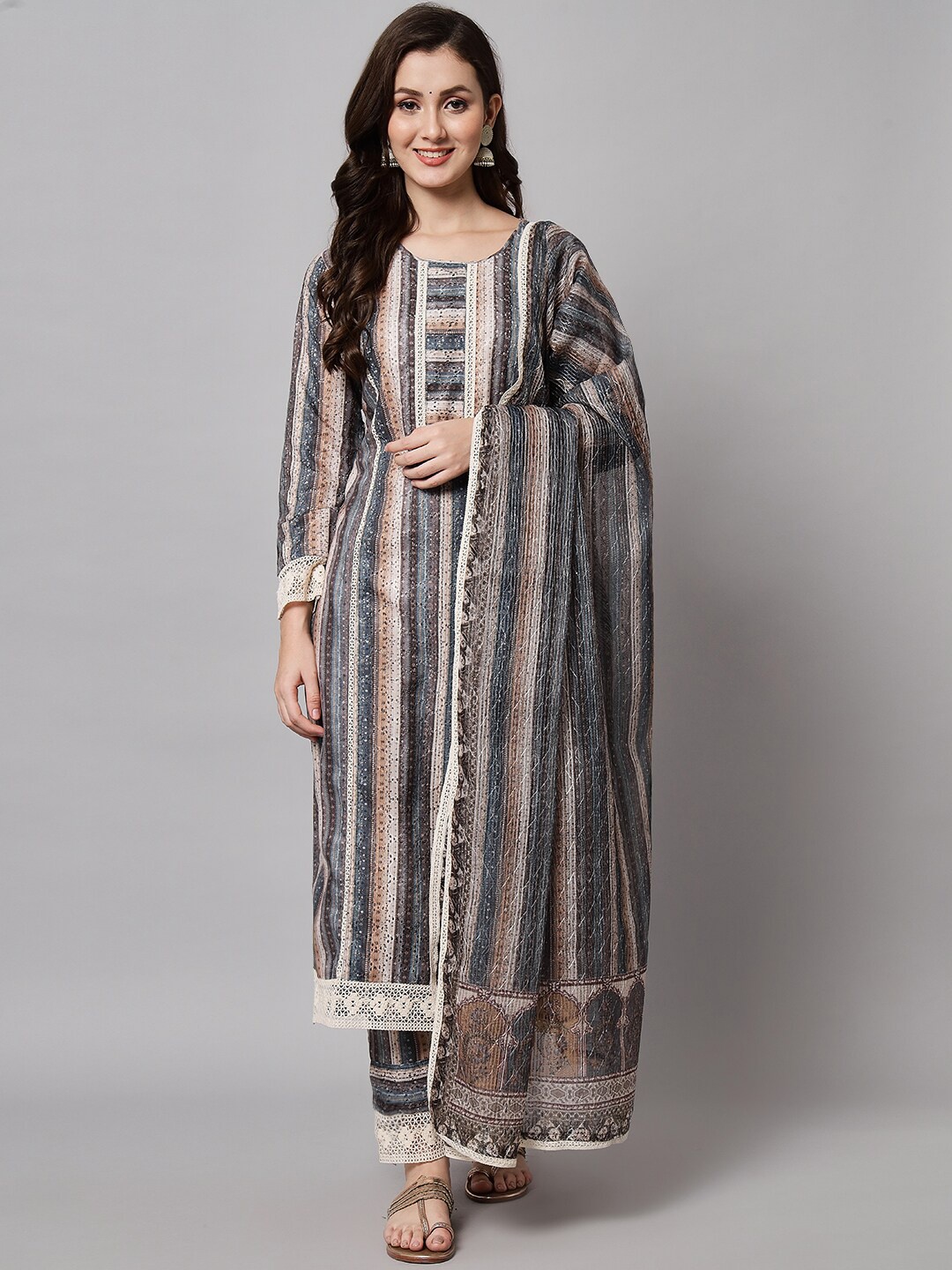 

Silai Bunai Women Grey Sequinned Kurta with Trousers & With Dupatta