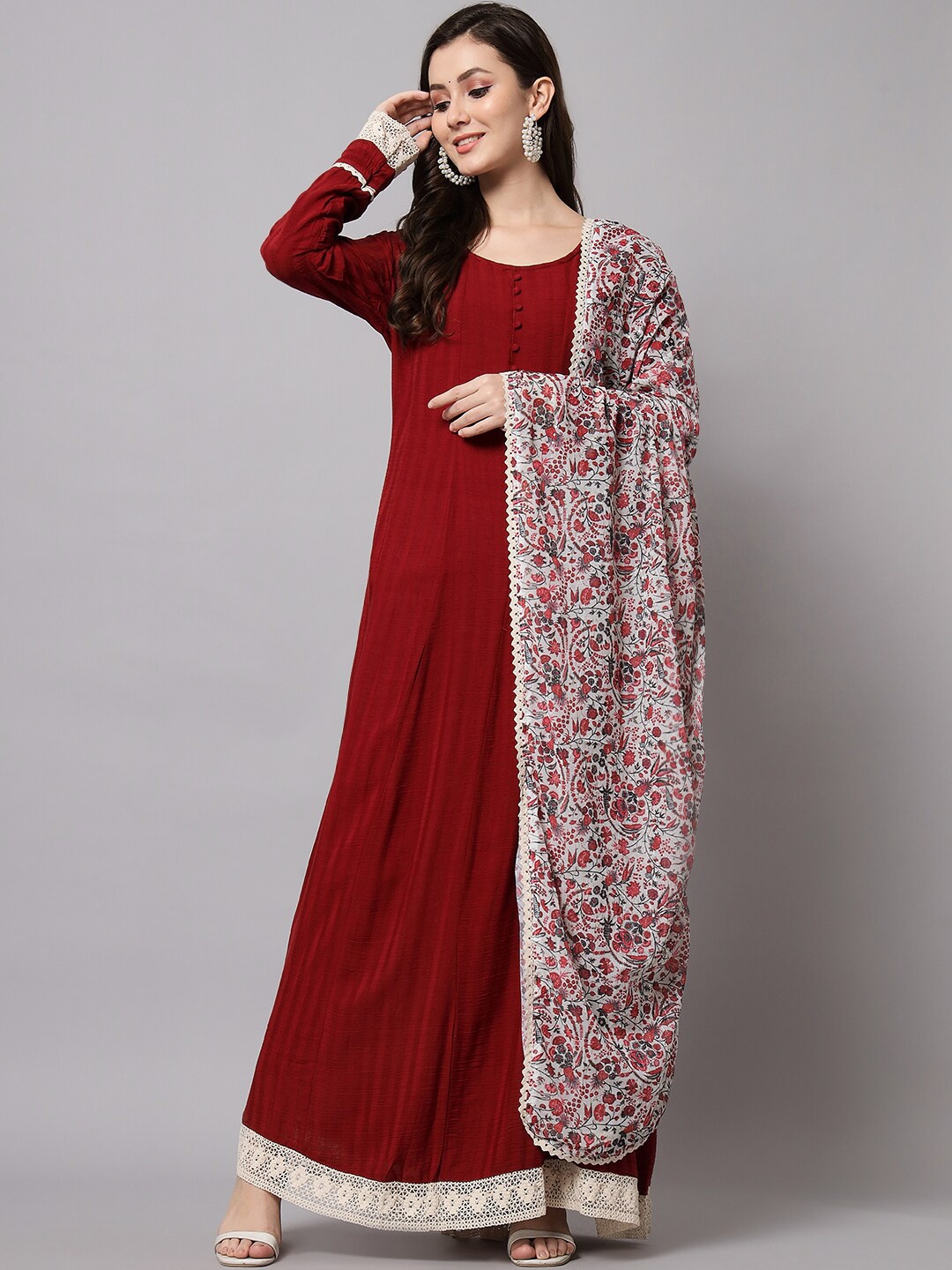 

Silai Bunai Women Maroon & White Patchwork Anarkali Kurta With Dupatta