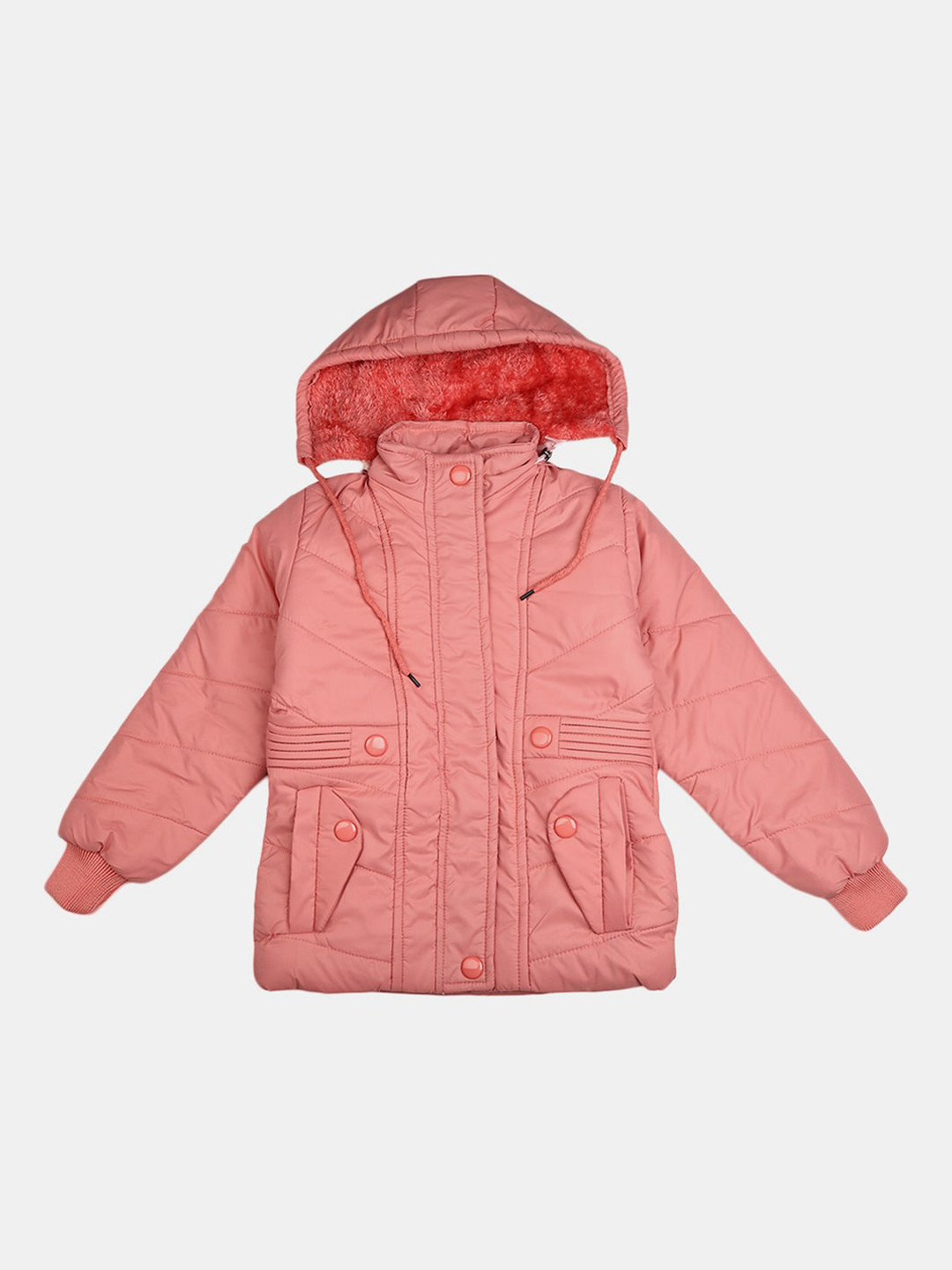

V-Mart Girls Peach Solid Cotton Hooded Longline Puffer Jacket