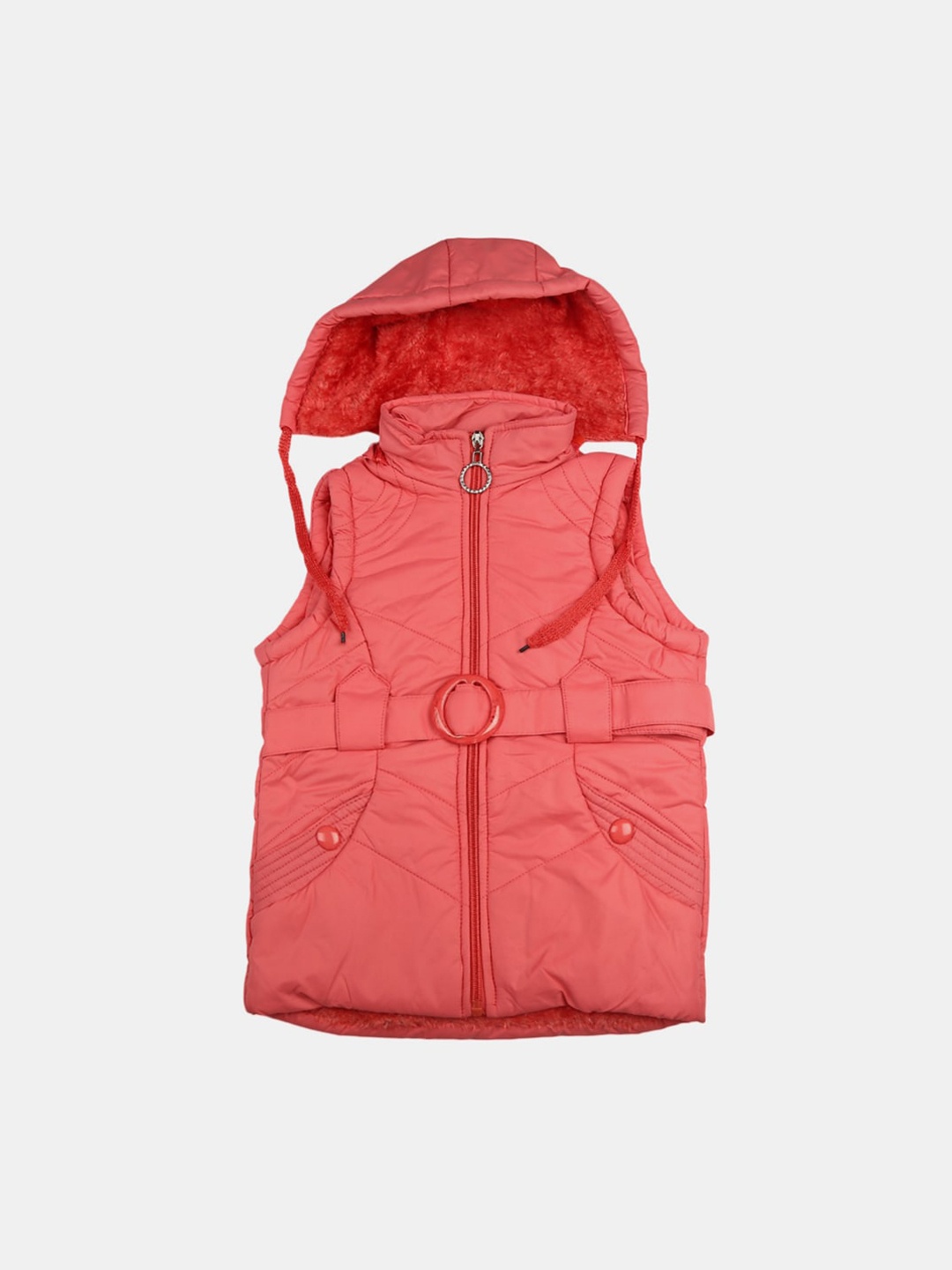 

V-Mart Girls Coral Solid Cotton Hooded Longline Quilted Jacket