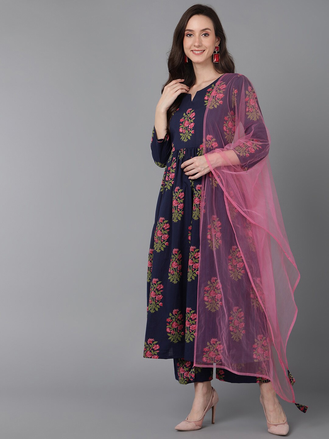 

AHIKA Women Navy Blue Floral Printed Pure Cotton Kurta with Palazzos With Dupatta