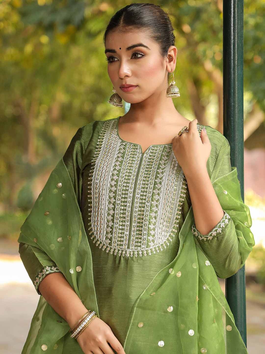 

AHIKA Women Green Yoke Design Sequinned Kurta with Trouser With Dupatta