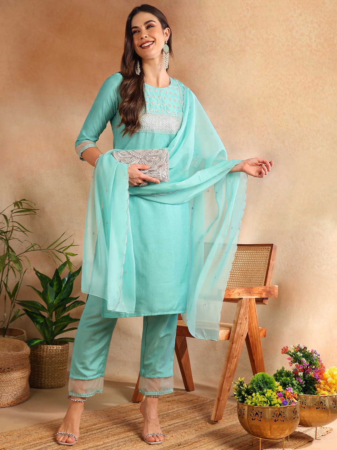 

AHIKA Women Turquoise Blue Floral Yoke Design Sequinned Kurta with Trouser With Dupatta