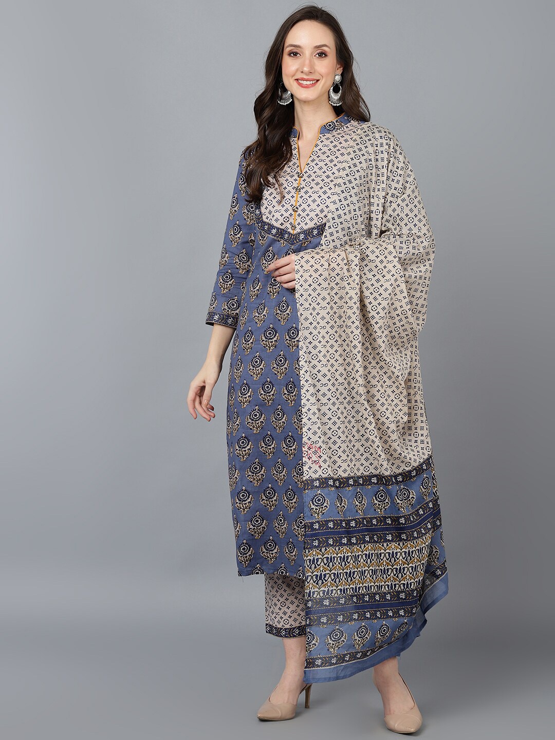 

AHIKA Women Blue Ethnic Motifs Printed Pure Cotton Kurta with Trousers & With Dupatta